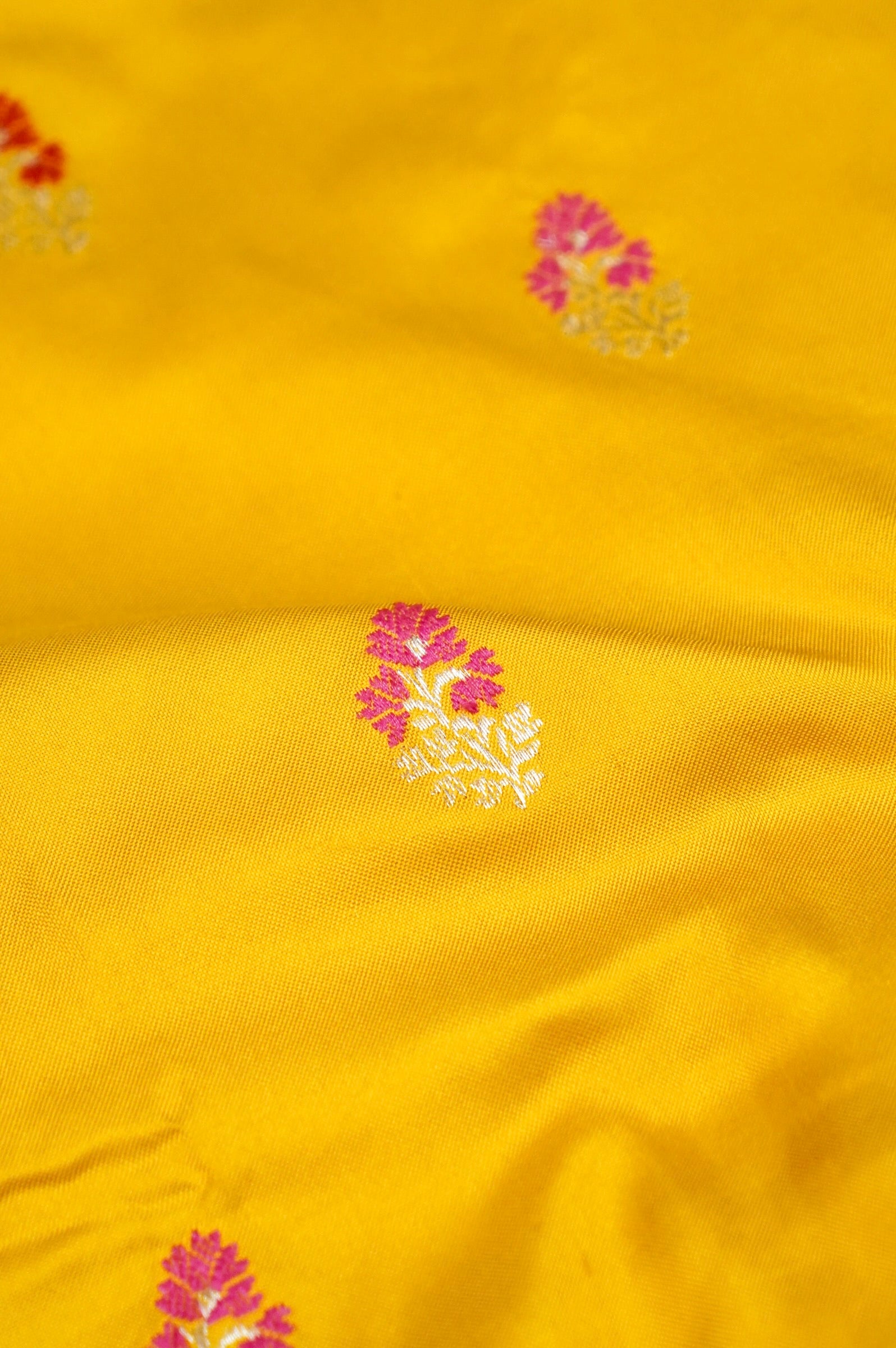 Banarasi Katan Silk Ektara Malti Buti Handwoven Saree in Haldi Yellow - Khinkhwab