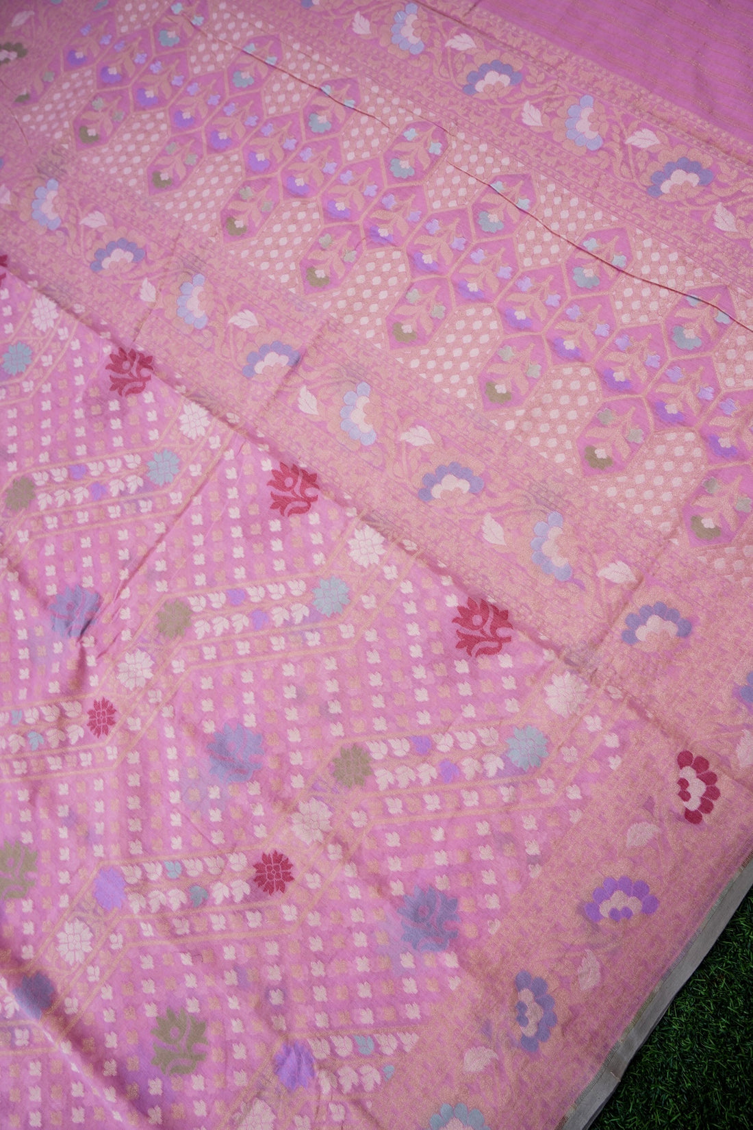 Banarasi Cotton Handloom Jamdani Ektara Saree | Pink - Khinkhwab