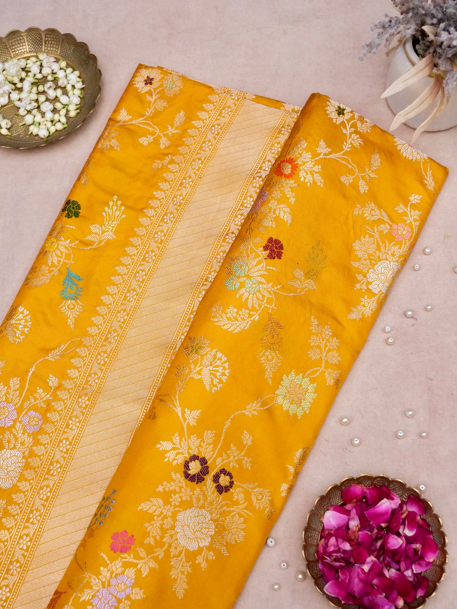 Banarasi Katan Silk Kadwa Jangla Handwoven Saree in Marigold Yellow - Khinkhwab