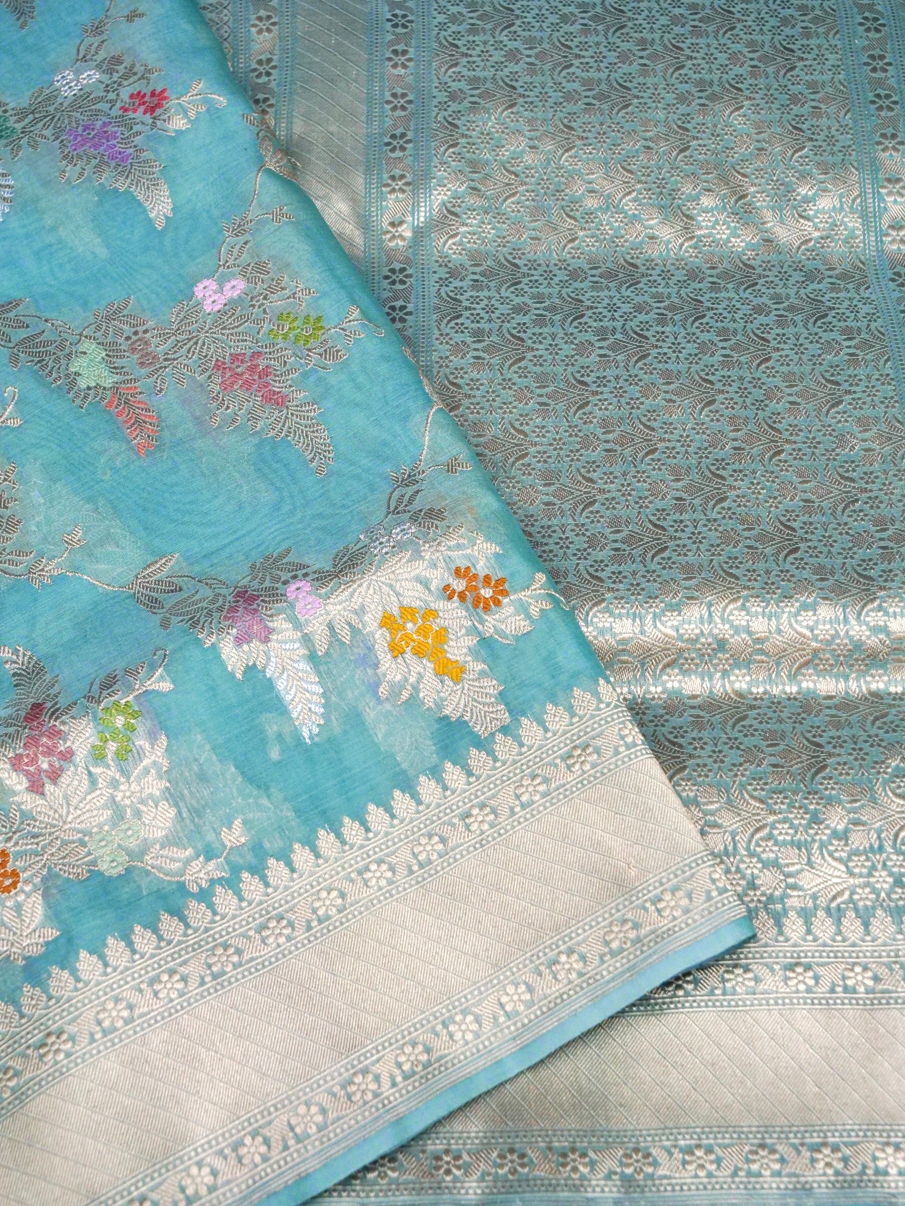 Banarasi Organza Kadwa Jangla Handwoven Saree in Sky Blue - Khinkhwab