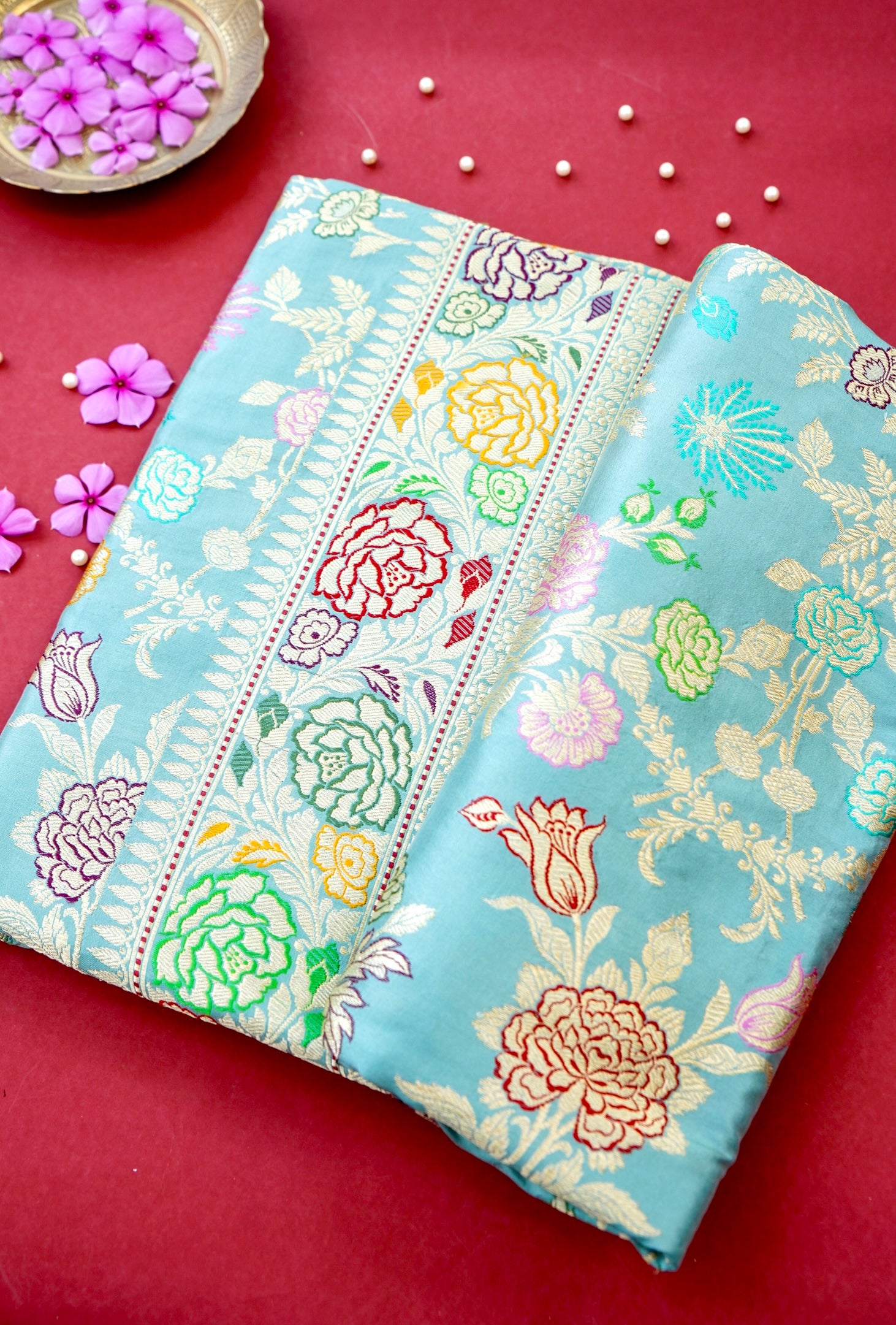 Banarasi Katan Silk Kadwa Handloom Saree in Sky Blue - Khinkhwab