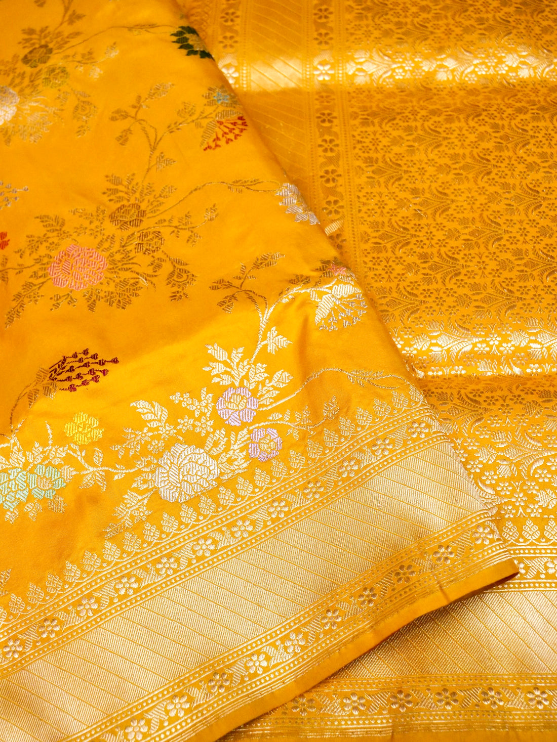 Banarasi Katan Silk Kadwa Jangla Handwoven Saree in Marigold Yellow - Khinkhwab