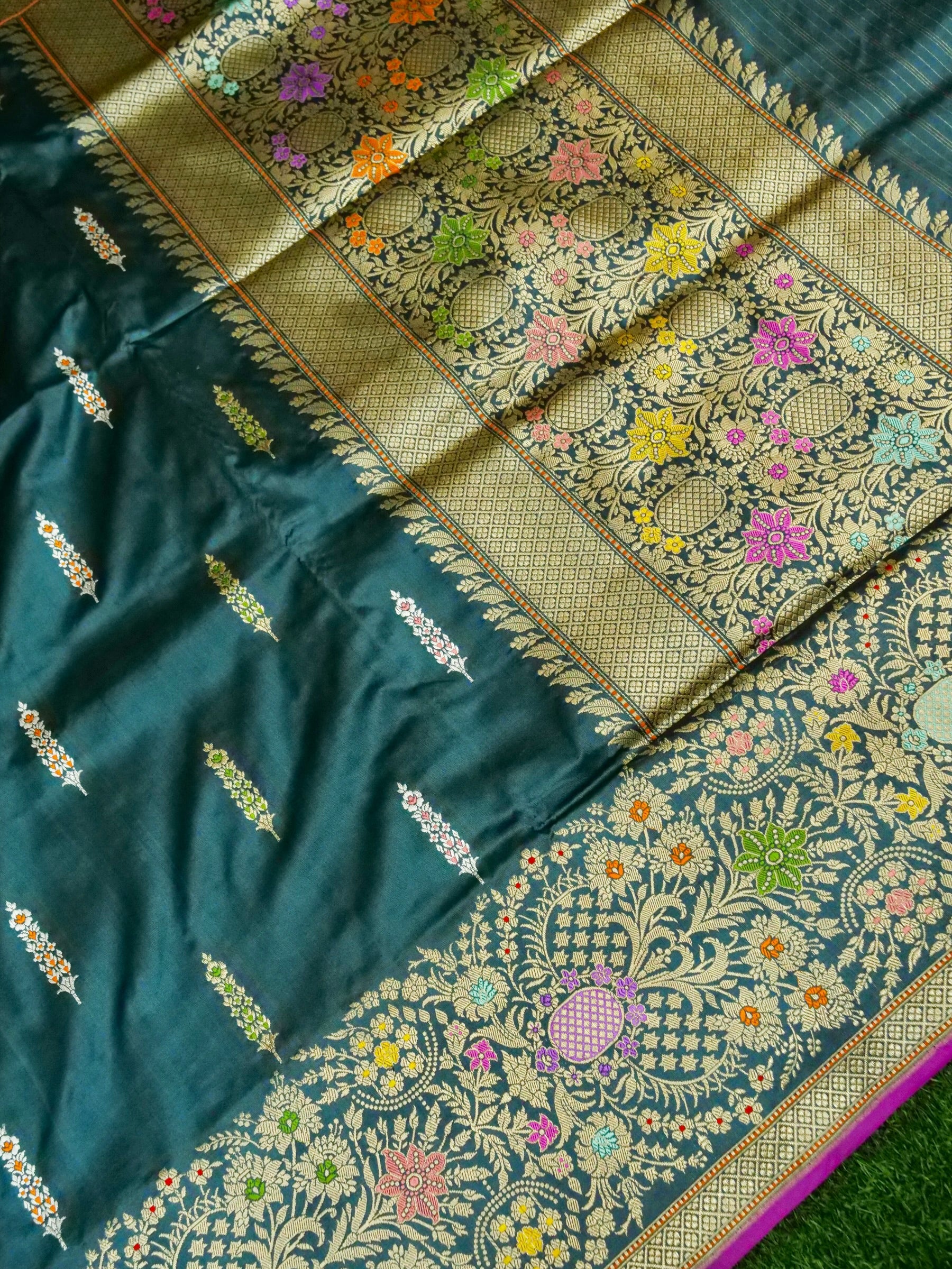 Banarasi Katan Silk Kadwa Tilfi Border Handloom Saree | Teal - Khinkhwab