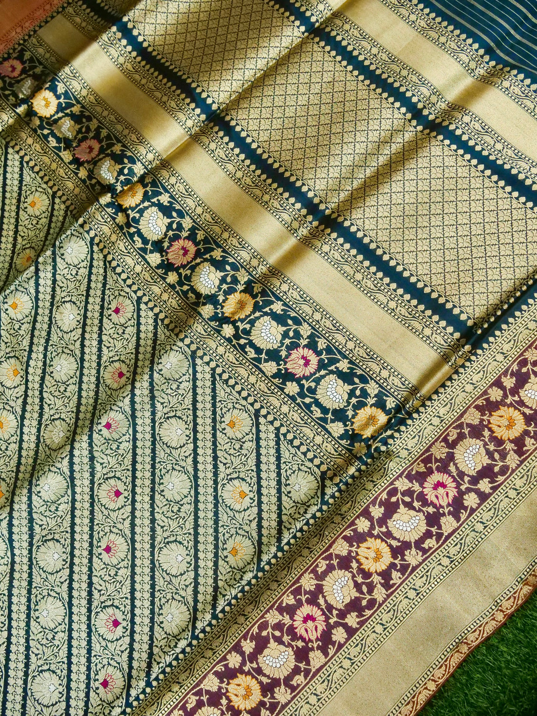 Banarasi Katan Silk Zari Tanchoi Handloom Saree | Teal - Khinkhwab