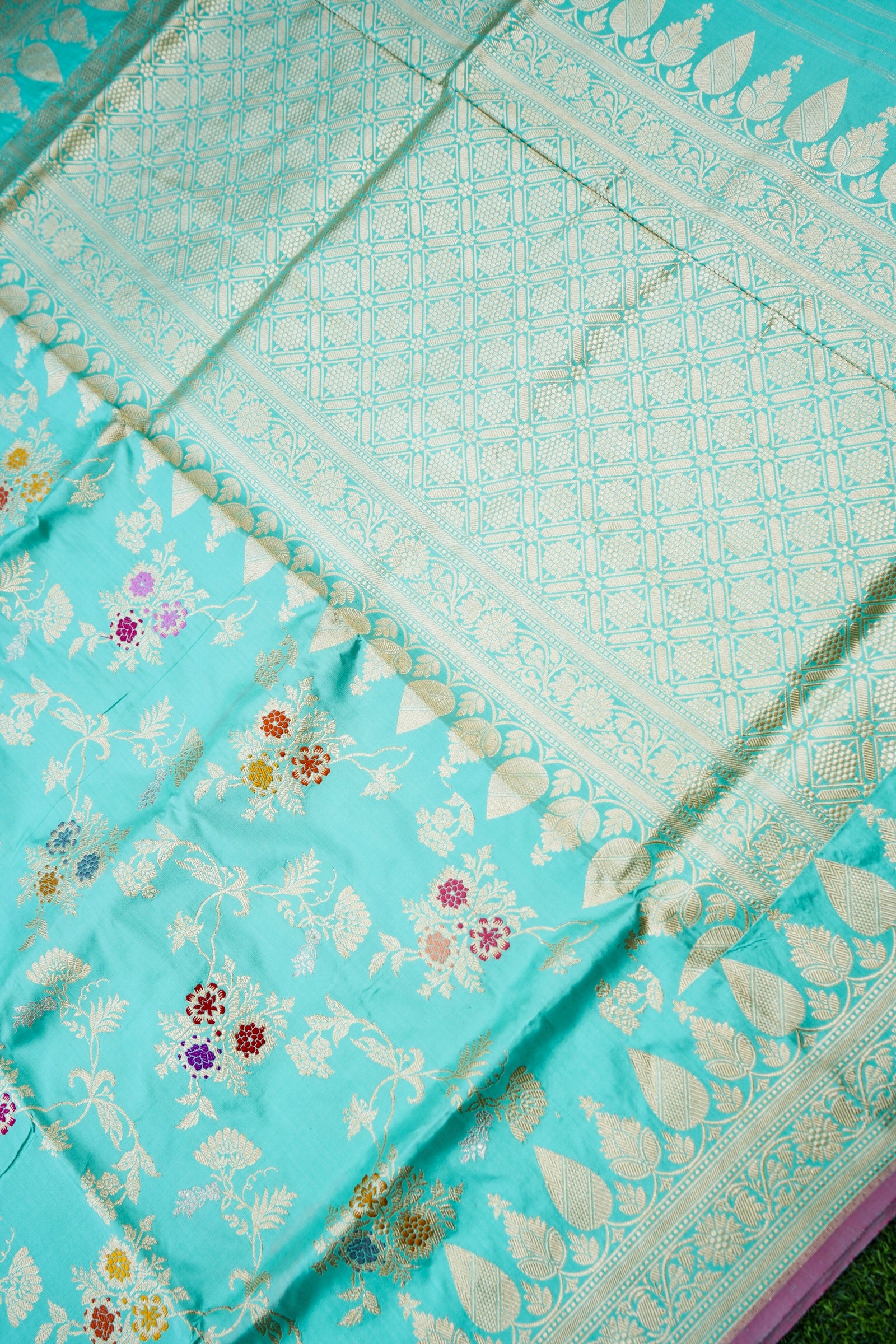 Banarasi Katan Silk Kadwa Handloom Saree in Turquoise - Khinkhwab