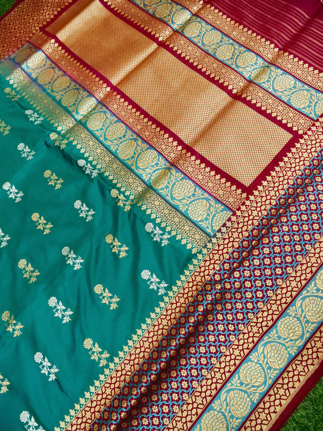 Banarasi Katan Silk Double Tani Alfi Skirt Handloom Saree | Teal - Khinkhwab