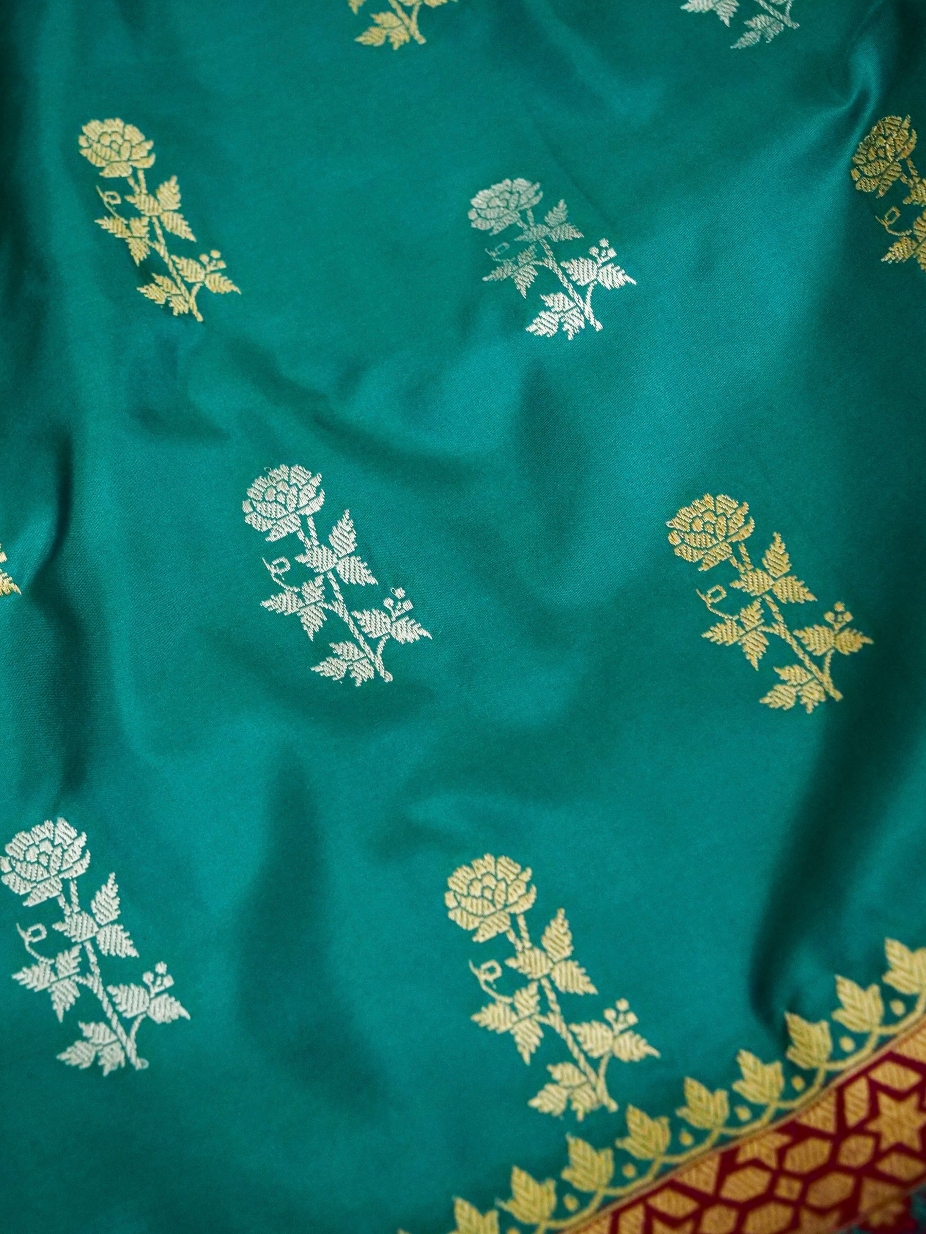 Banarasi Katan Silk Double Tani Alfi Skirt Handloom Saree | Teal - Khinkhwab