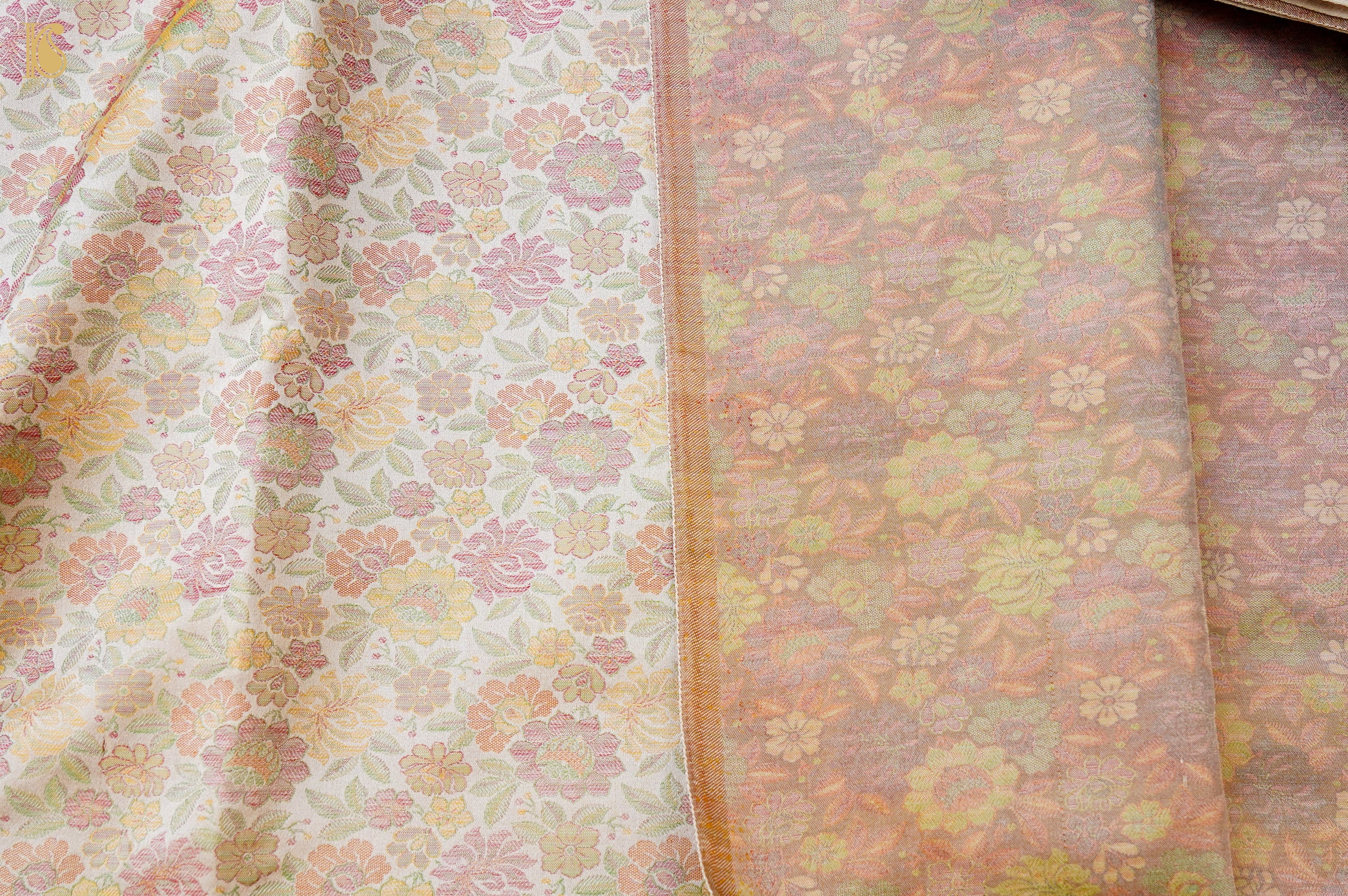 Handloom Banarasi Peonies Tanchoi Silk Fabric