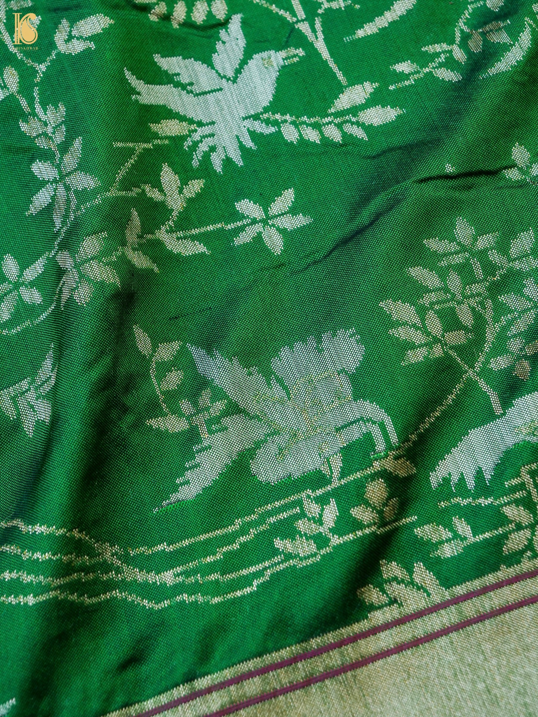 Handloom Pure Katan Silk Green Shikargah Banarasi Saree