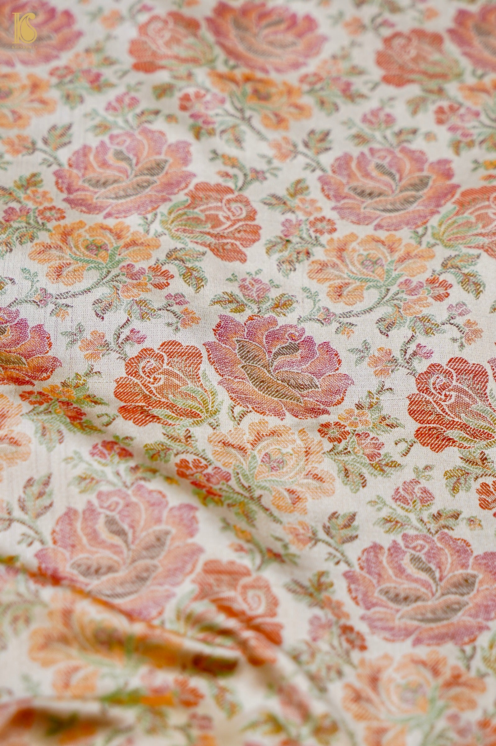 Handloom Banarasi Tanchoi Silk Rose Fabric