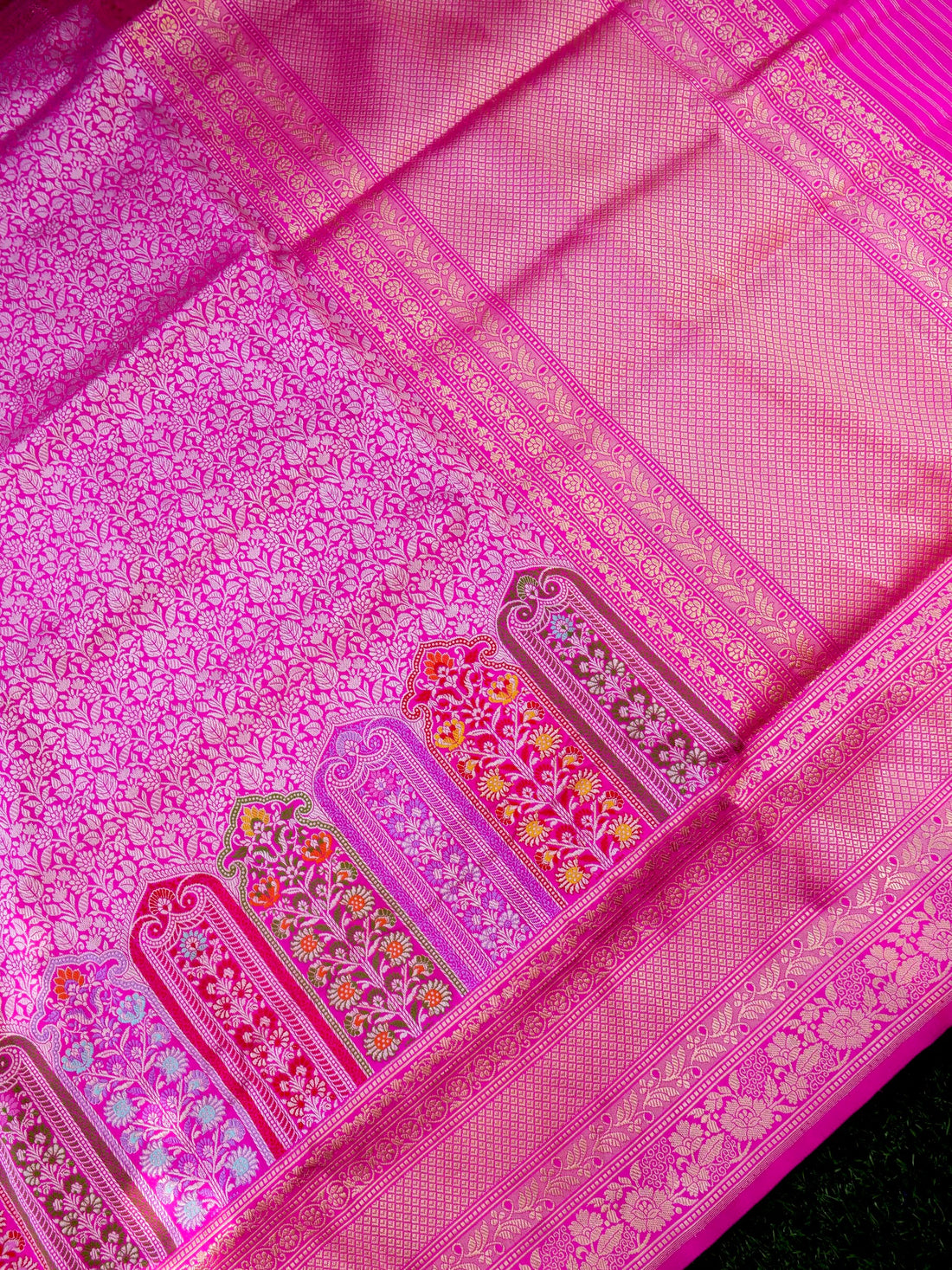 Banarasi Katan Silk Kadwa Meenakari Border Handloom Saree | Hot Pink - Khinkhwab