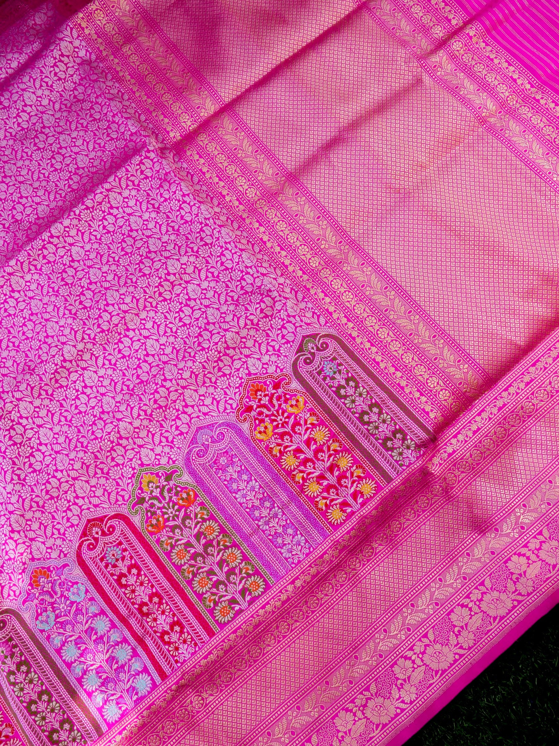 Banarasi Katan Silk Kadwa Meenakari Border Handloom Saree | Hot Pink - Khinkhwab