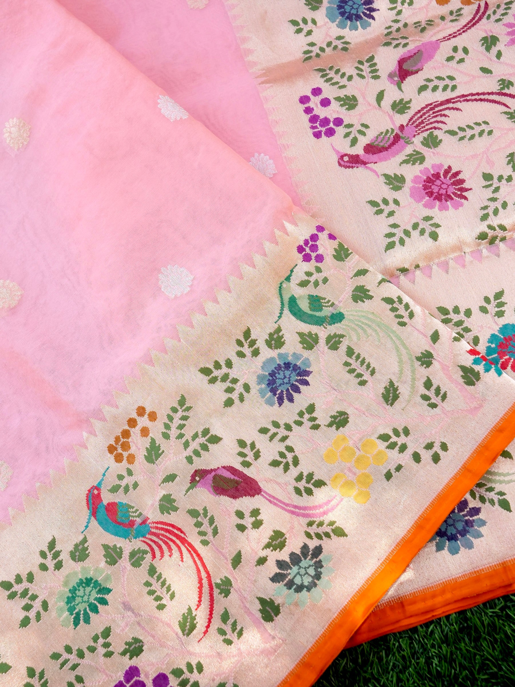 Banarasi Kora Silk Kadwa Handloom Saree with Paithani Border | Baby Pink - Khinkhwab