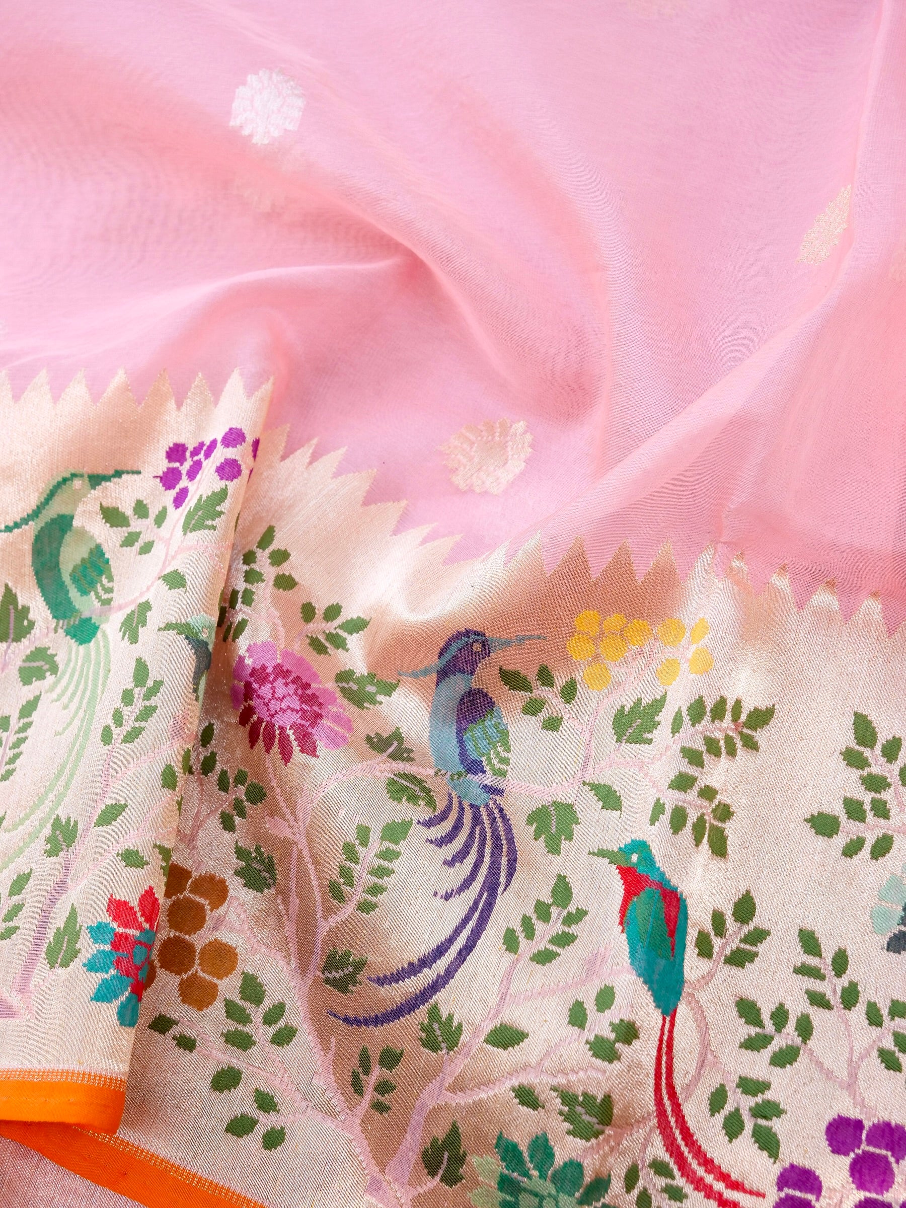 Banarasi Kora Silk Kadwa Handloom Saree with Paithani Border | Baby Pink - Khinkhwab