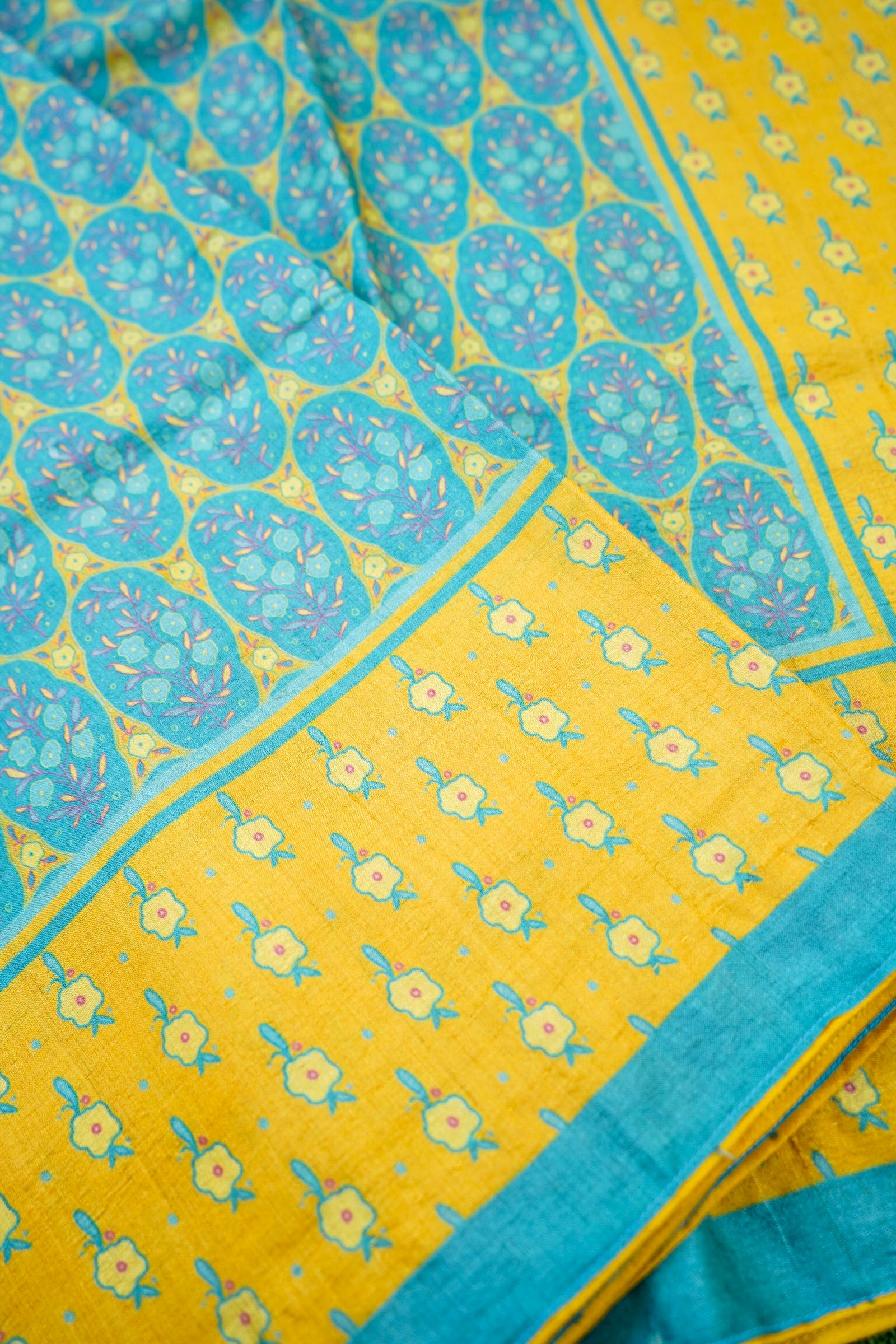 Finch Yellow & Blue Titli Print Tussar Saree - Khinkhwab