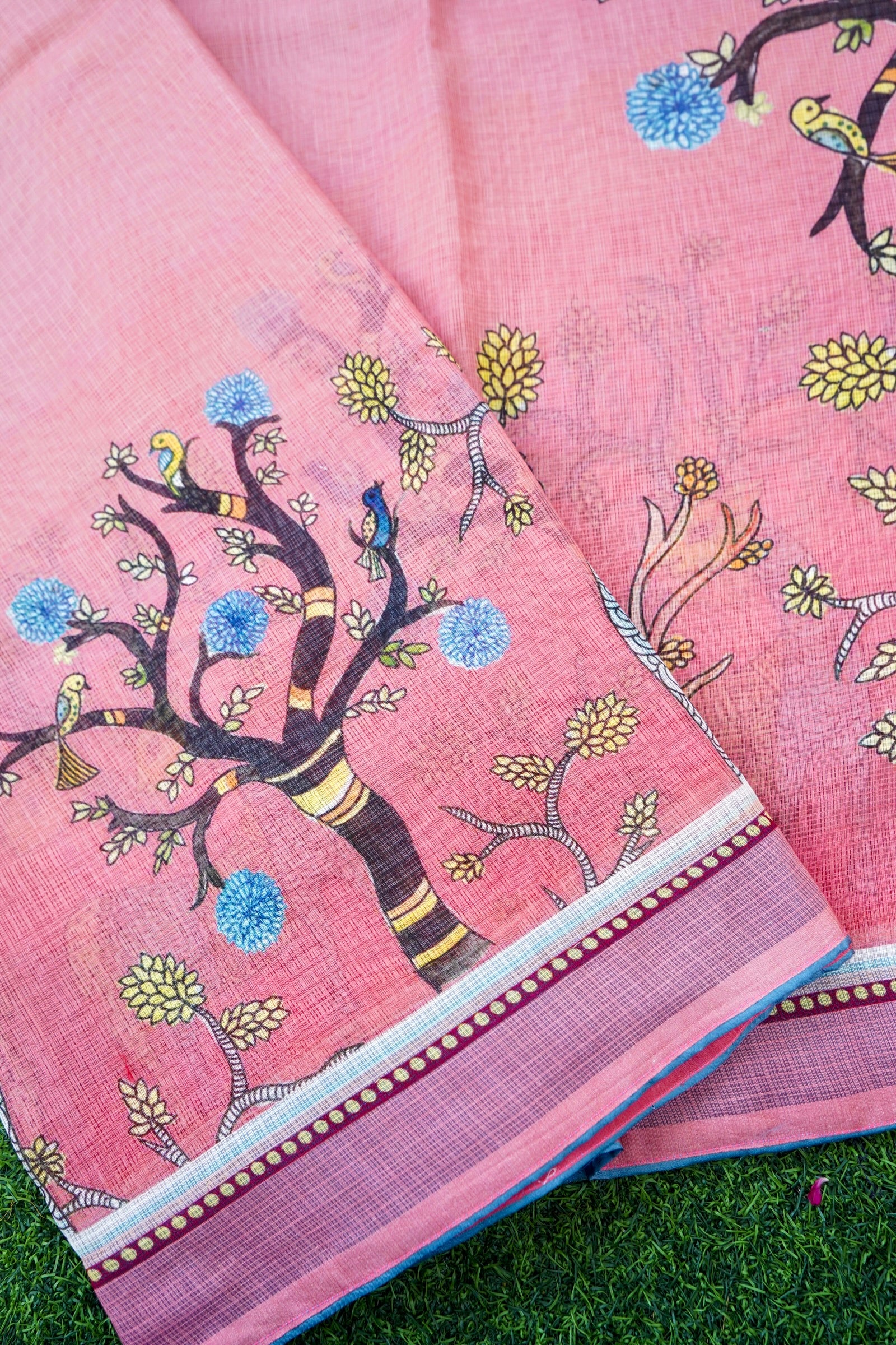 Kadamb Gond Print Kota Saree in Rose - Khinkhwab