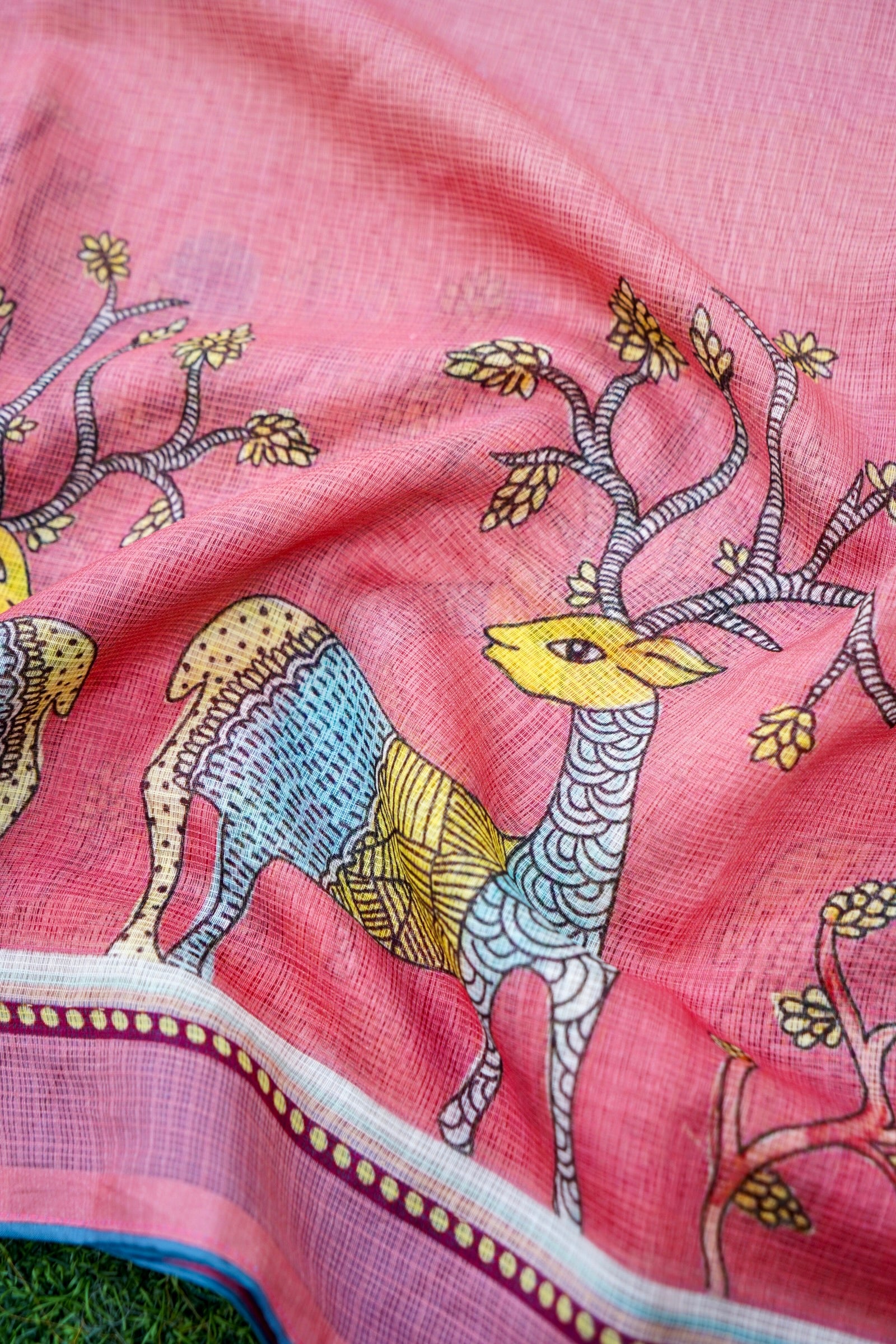 Kadamb Gond Print Kota Saree in Rose - Khinkhwab