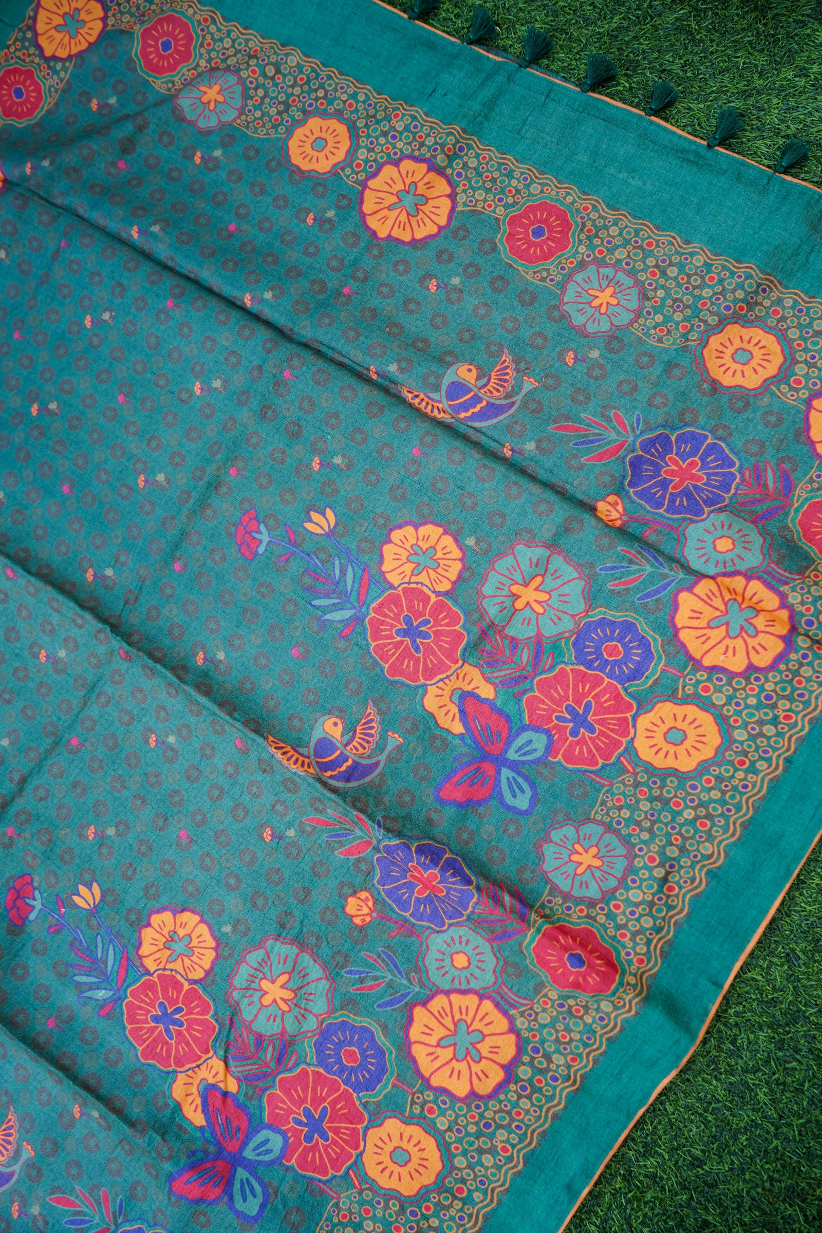 Jay Teal & Multicolour Titli Print Tussar Saree - Khinkhwab