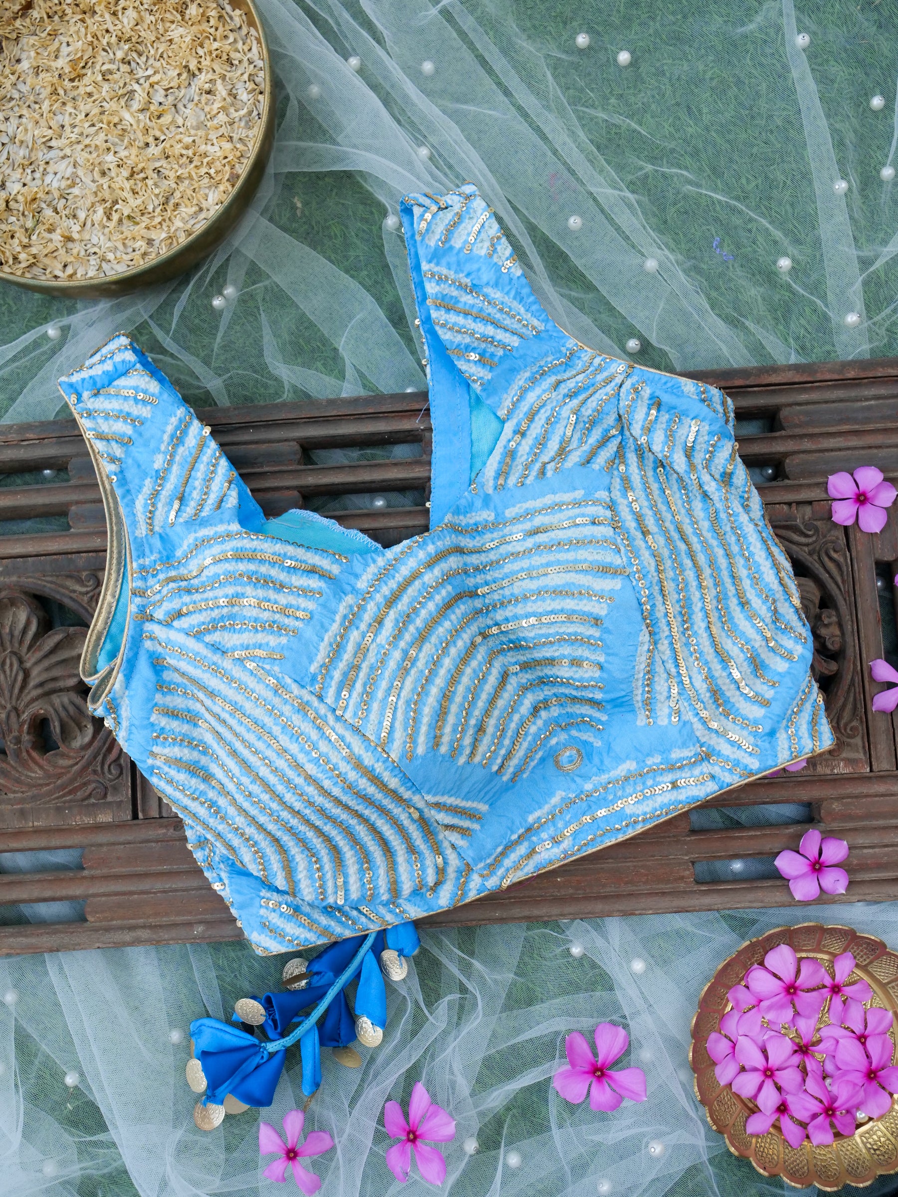 Organza Saree with Gajji Silk Bandhani Sequin Pallu | Royal Blue - Khinkhwab