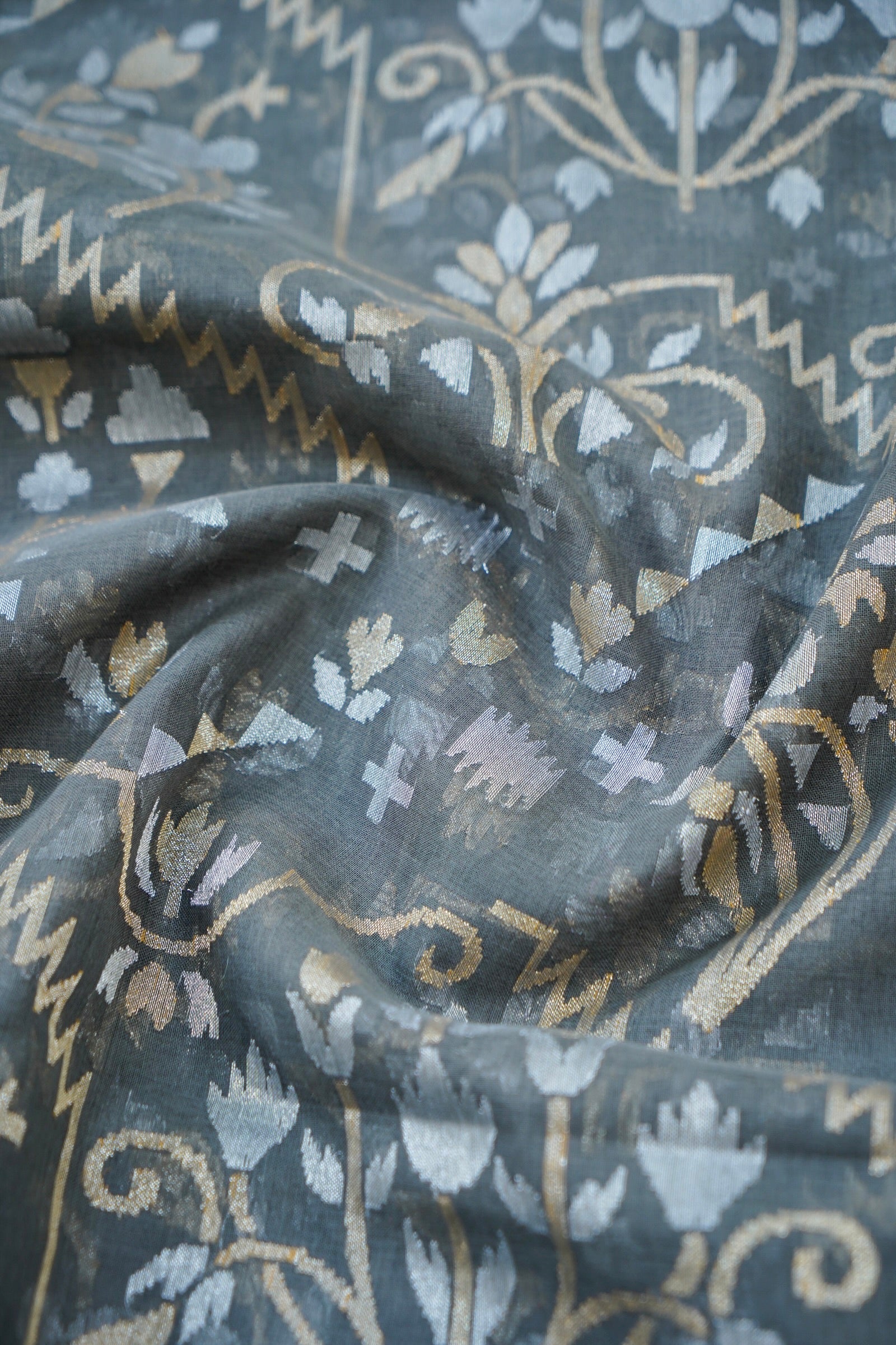 Banarasi Cotton Jamdani Real Zari Handwoven Saree in Charcoal Grey - Khinkhwab