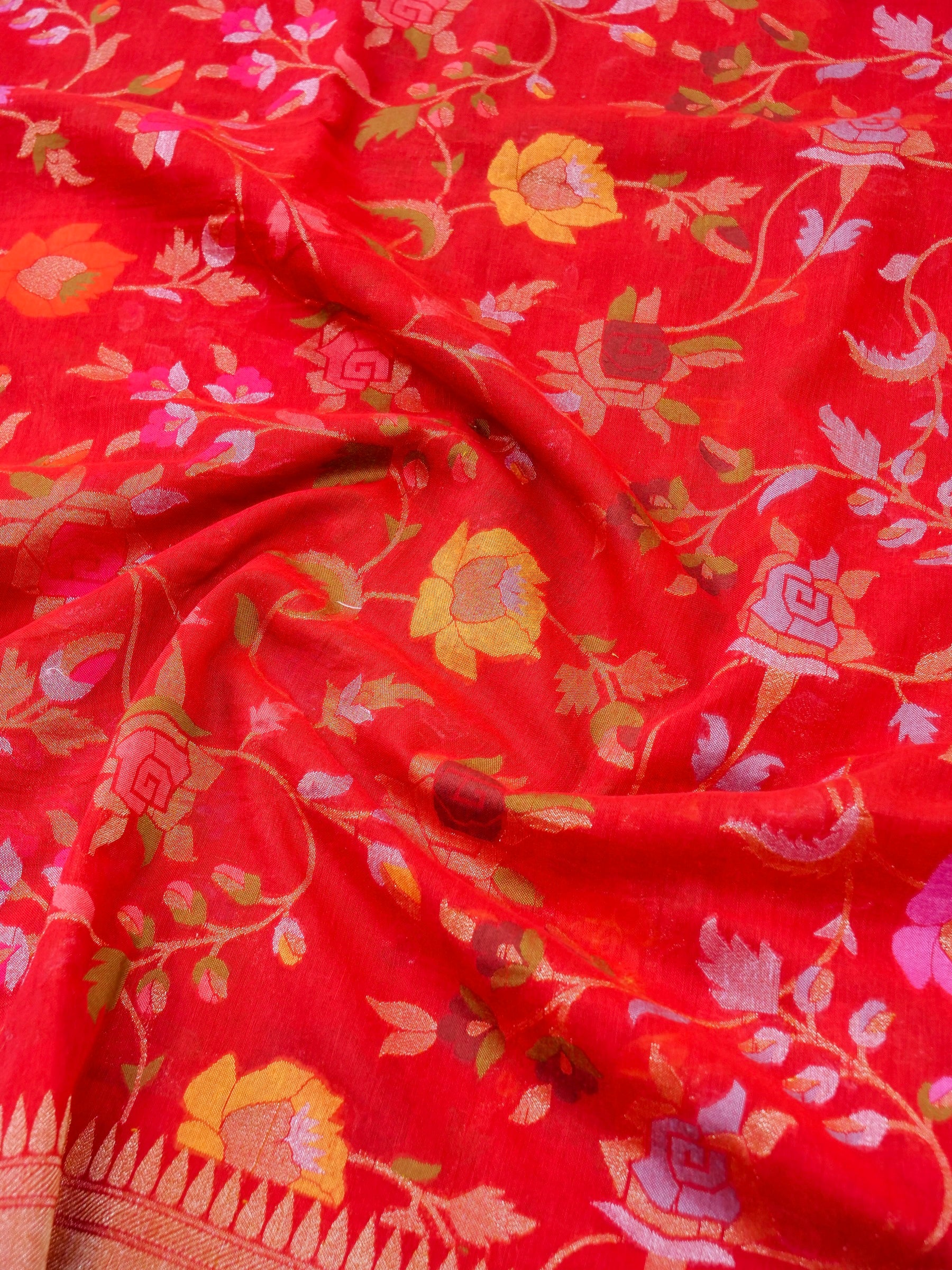 Banarasi Cotton Ektara Saree with Floral Vine Jaal | Red - Khinkhwab