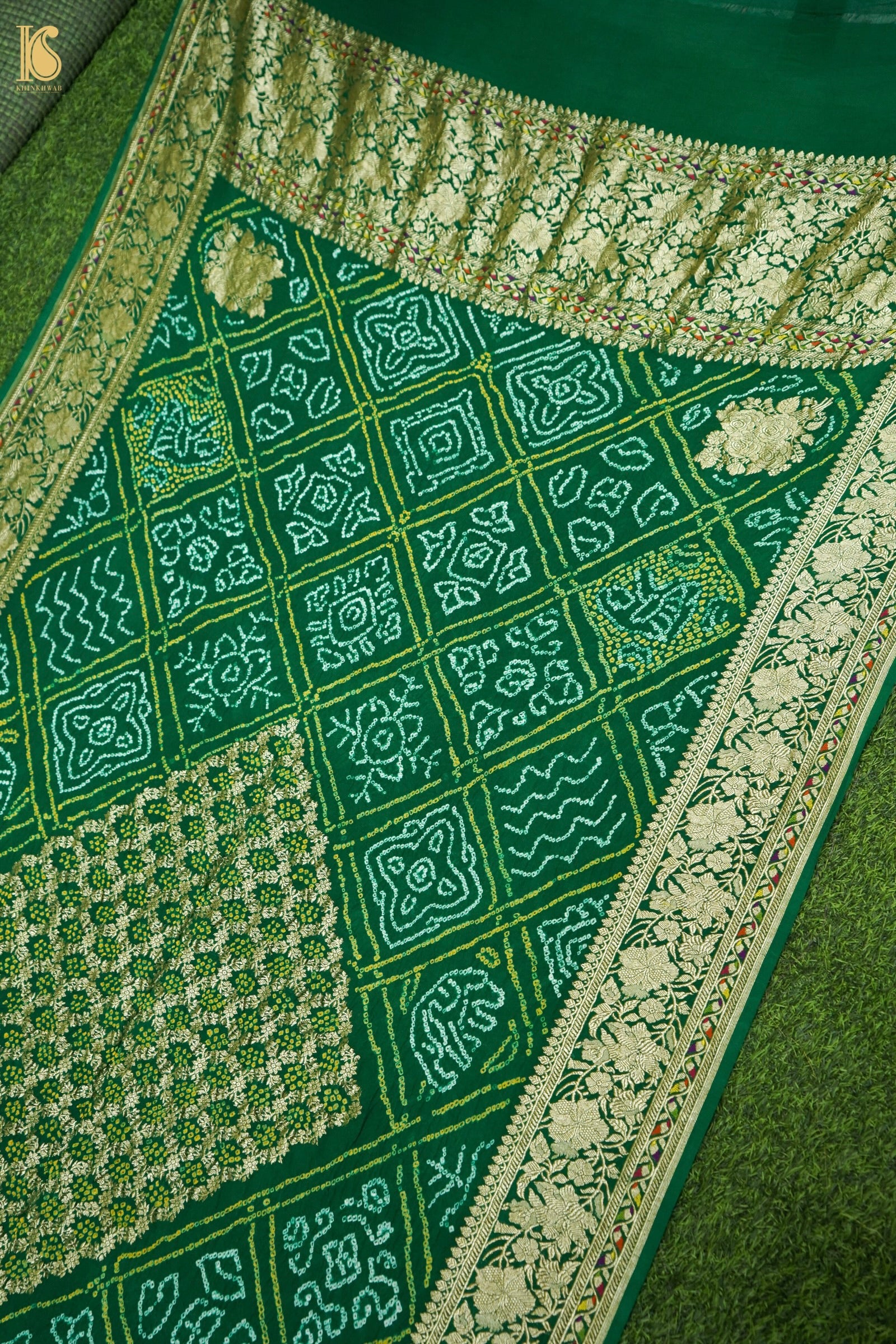 Georgette Banarasi Bandhani Diamond Jaal Dupatta in Bottle Green