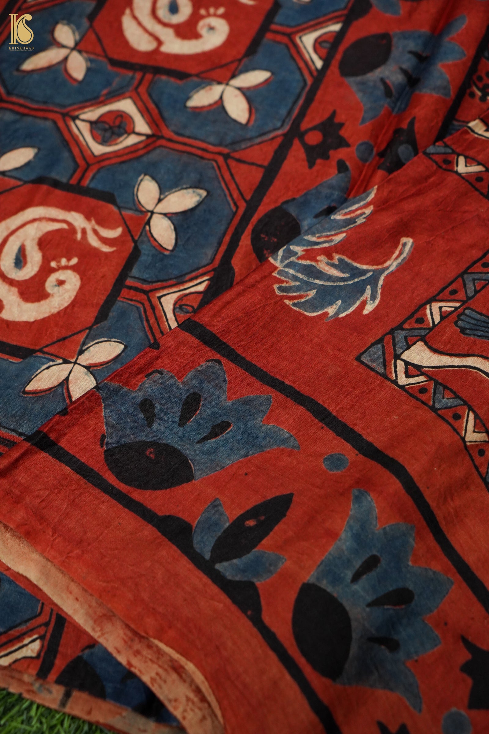 Gajji Silk Ajrakh Hand Block Bird Charkhana Pakshi Dupatta in Rust Red