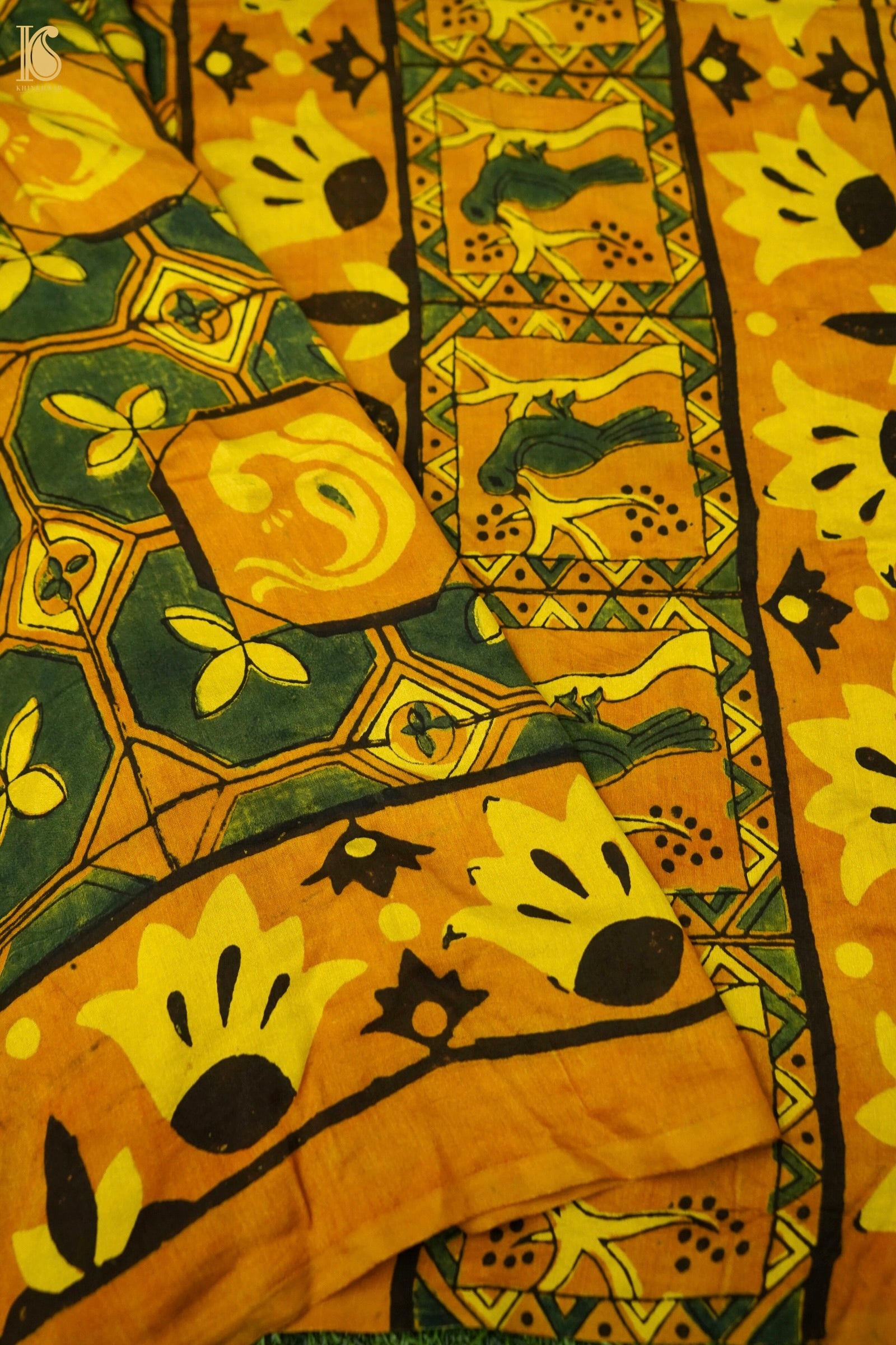 Gajji Silk Ajrakh Hand Block Octagon Bird Pakshi Dupatta in Mustard
