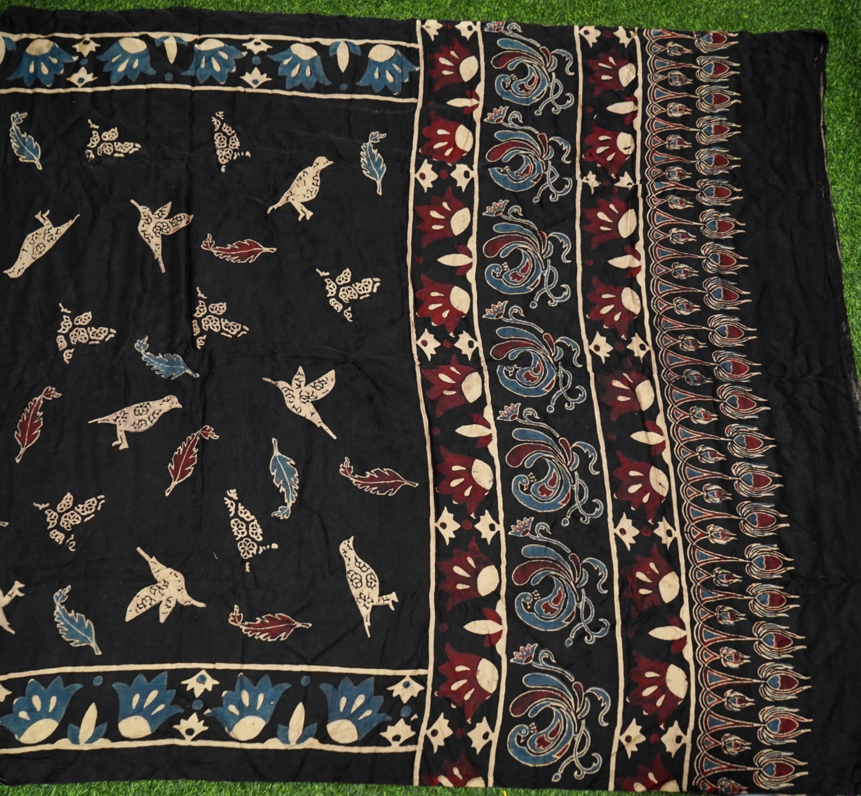 Gajji Silk Ajrakh Hand Block Bird Feather Pakshi Dupatta in Black