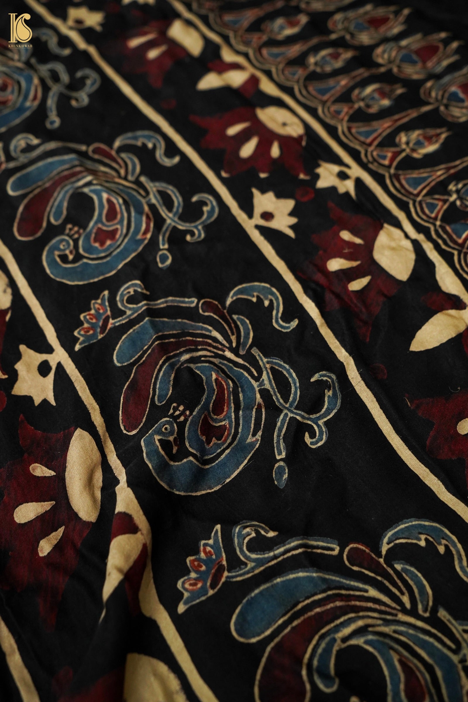 Gajji Silk Ajrakh Hand Block Bird Feather Pakshi Dupatta in Black
