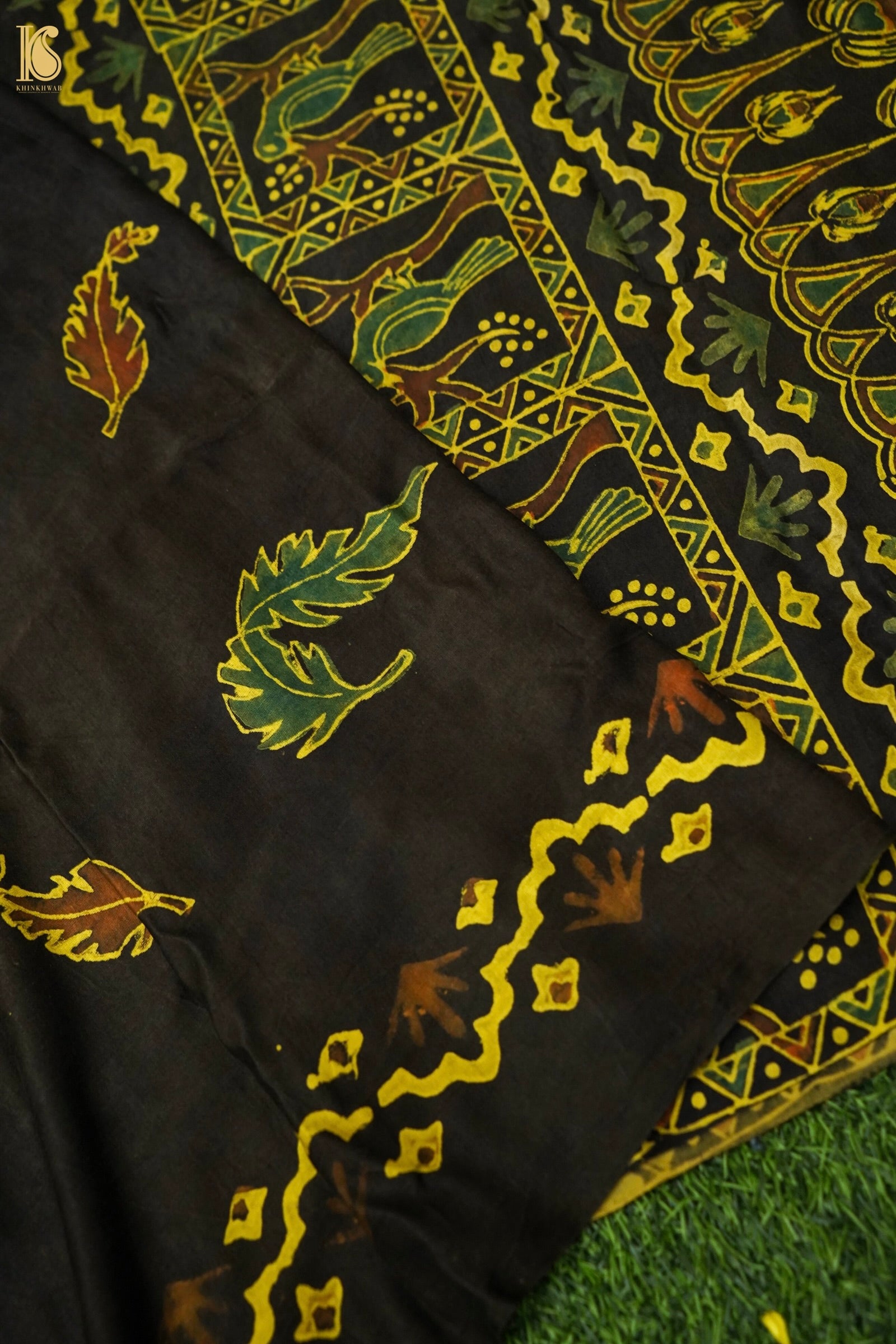 Gajji Silk Ajrakh Hand Block Peacock Feather Pakshi Dupatta in Black