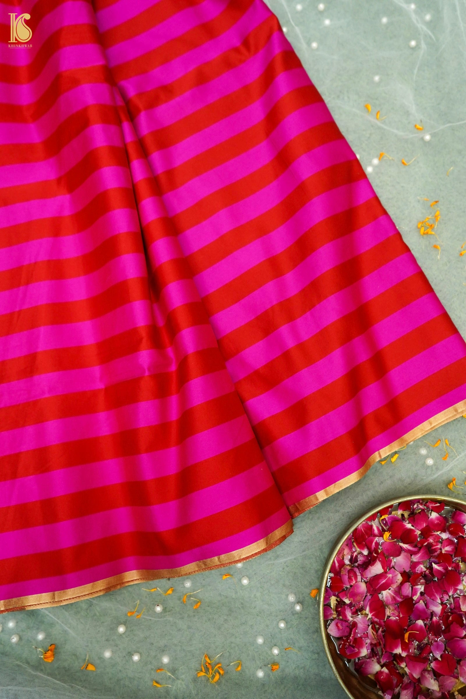 Handwoven Pink & Red Striped Mashru Silk Banarasi Saree