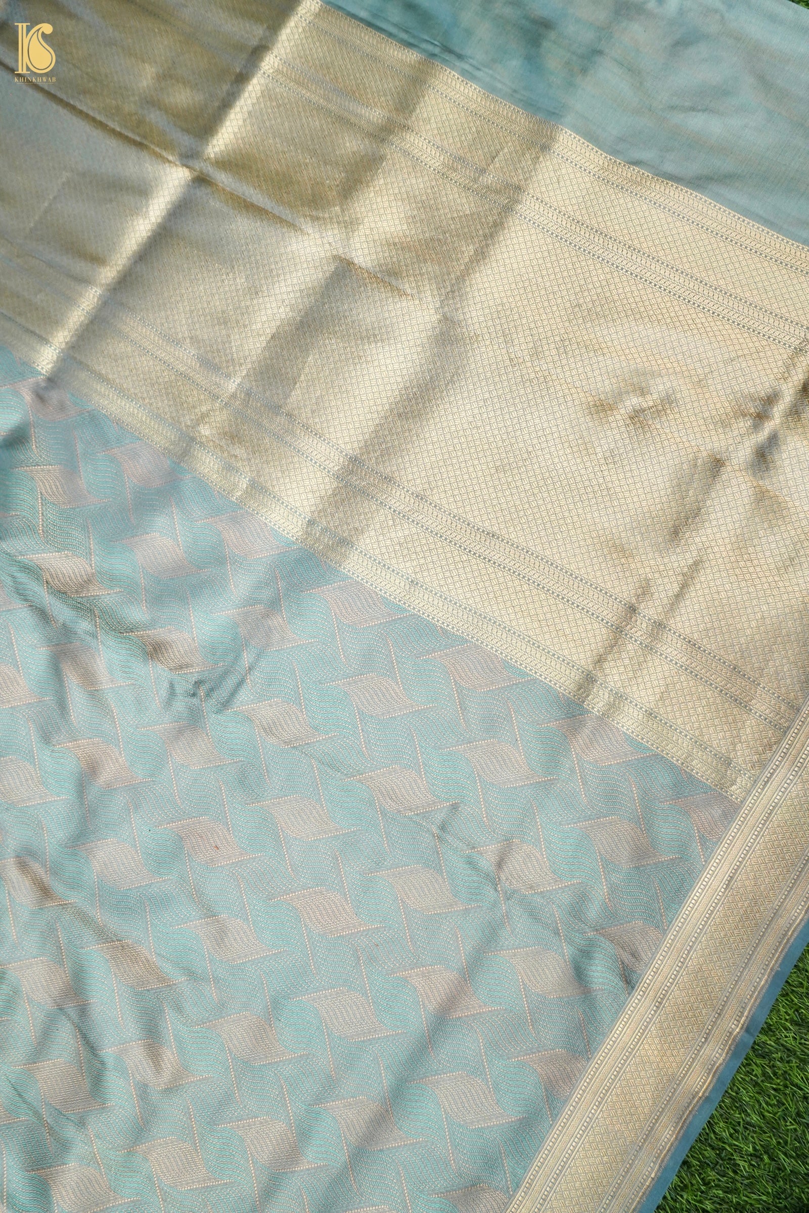 Katan Mashru Tanchoi Laharia Jaal Banarasi Saree in Slate Grey