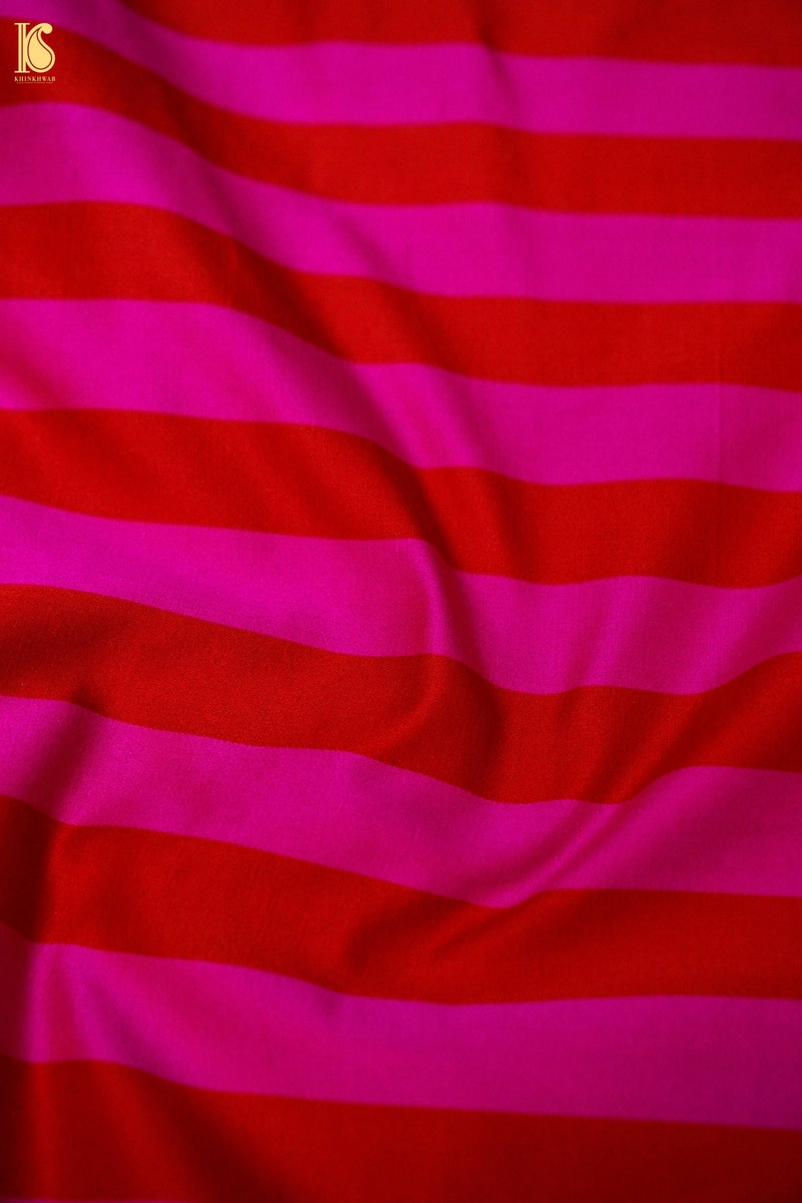 Handwoven Pink & Red Striped Mashru Silk Banarasi Saree