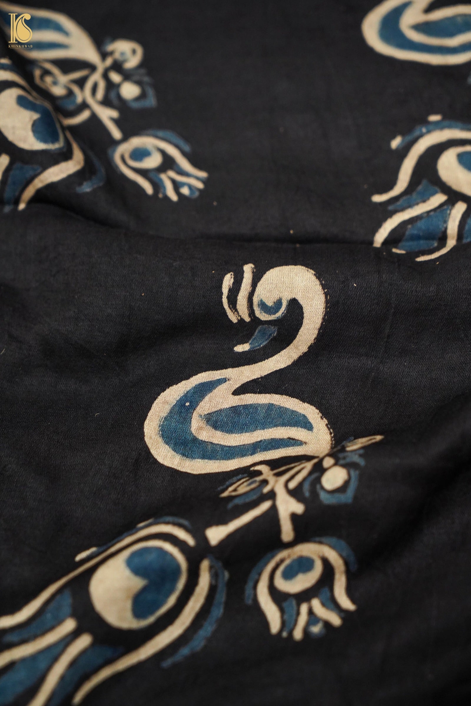 Gajji Silk Ajrakh Hand Block Peacock Fabric in Black