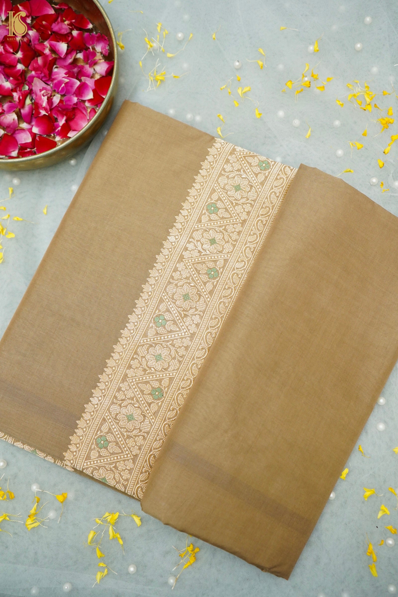 Cotton Kadwa Meenakari Handwoven Banarasi Saree in Khaki Gold