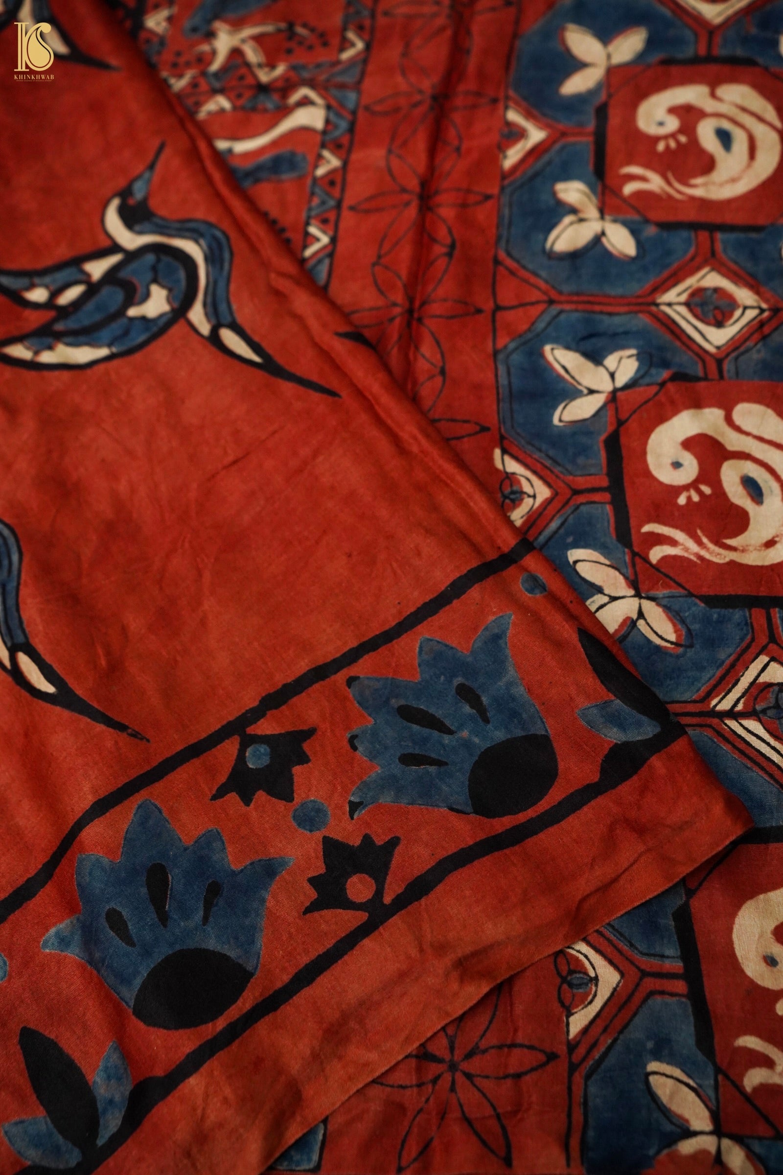 Gajji Silk Ajrakh Hand Block Crane Bird Pakshi Saree in Rust Red