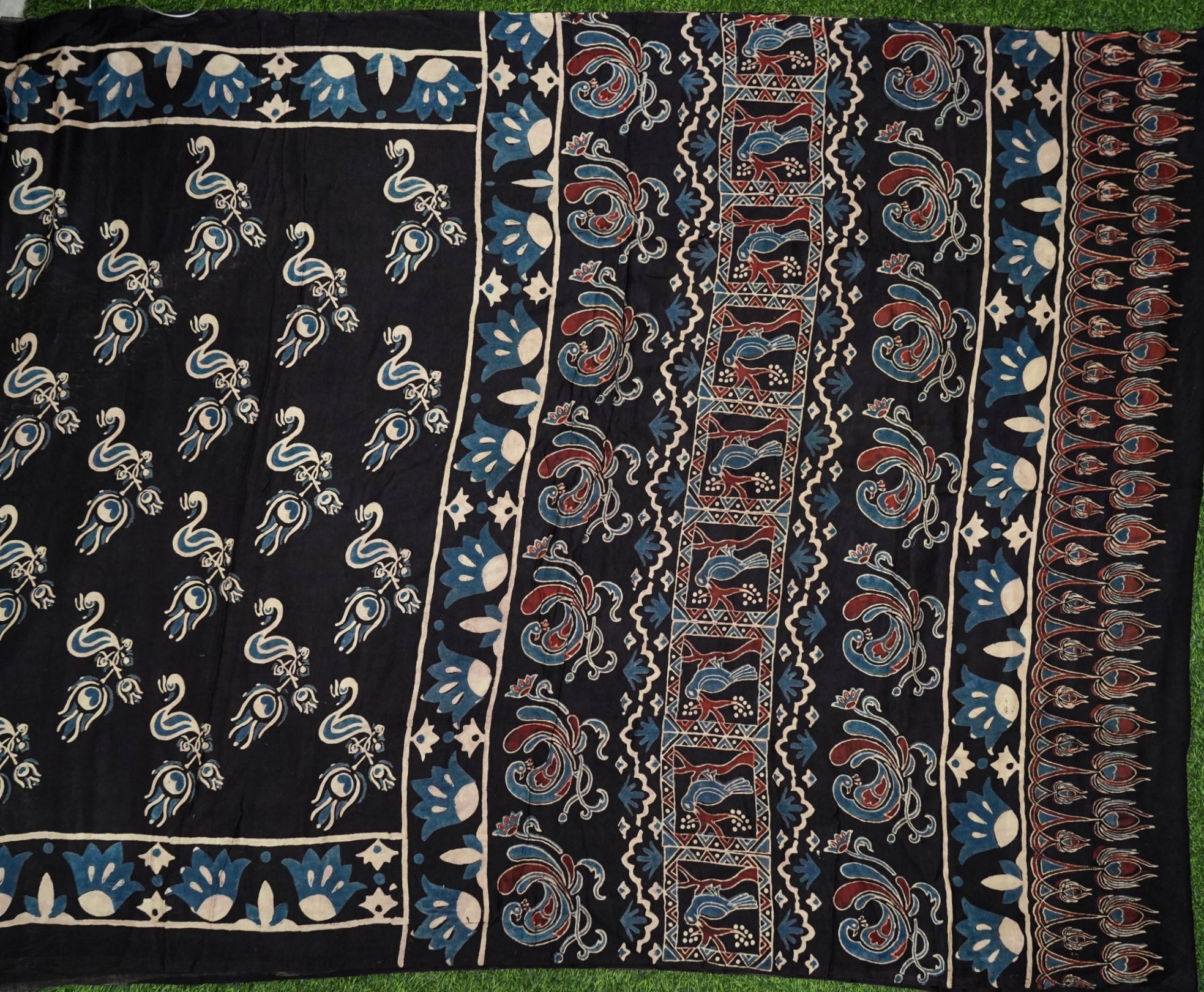Gajji Silk Ajrakh Hand Block Flamingo Bird Pakshi Saree in Black