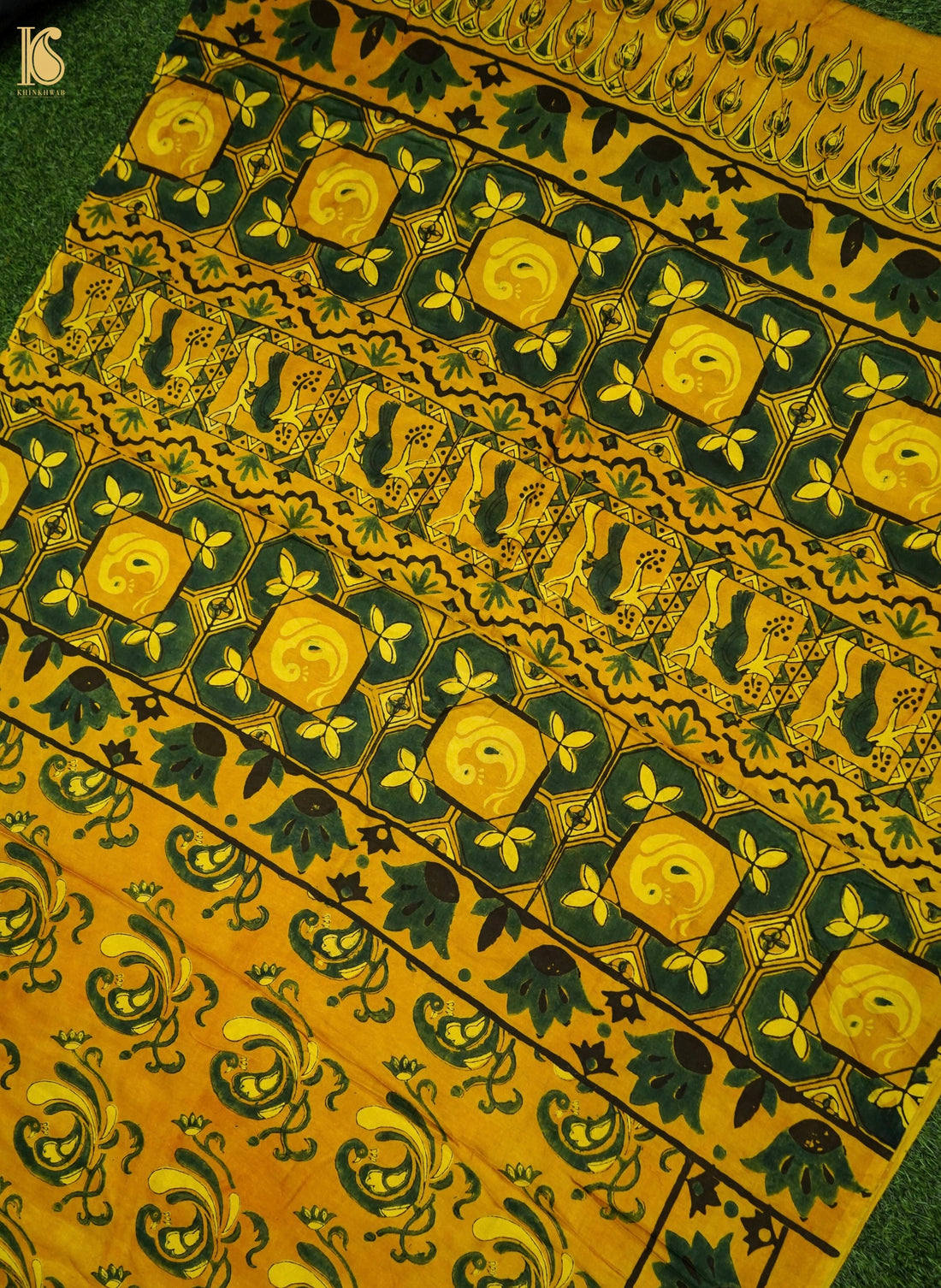 Gajji Silk Ajrakh Hand Block Floral Kalgha Pakshi Saree in Mustard