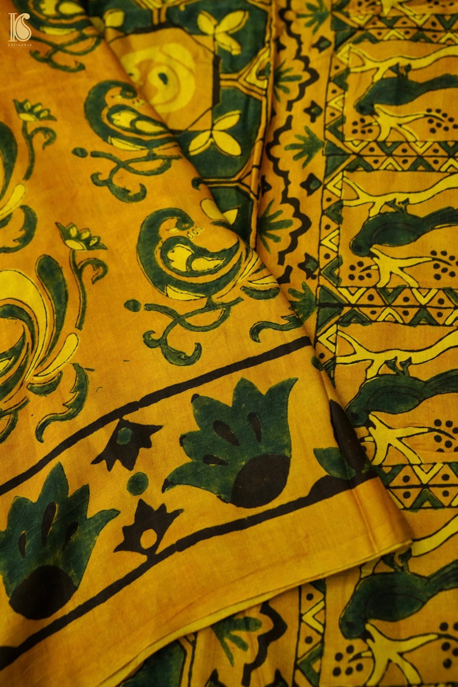 Gajji Silk Ajrakh Hand Block Floral Kalgha Pakshi Saree in Mustard