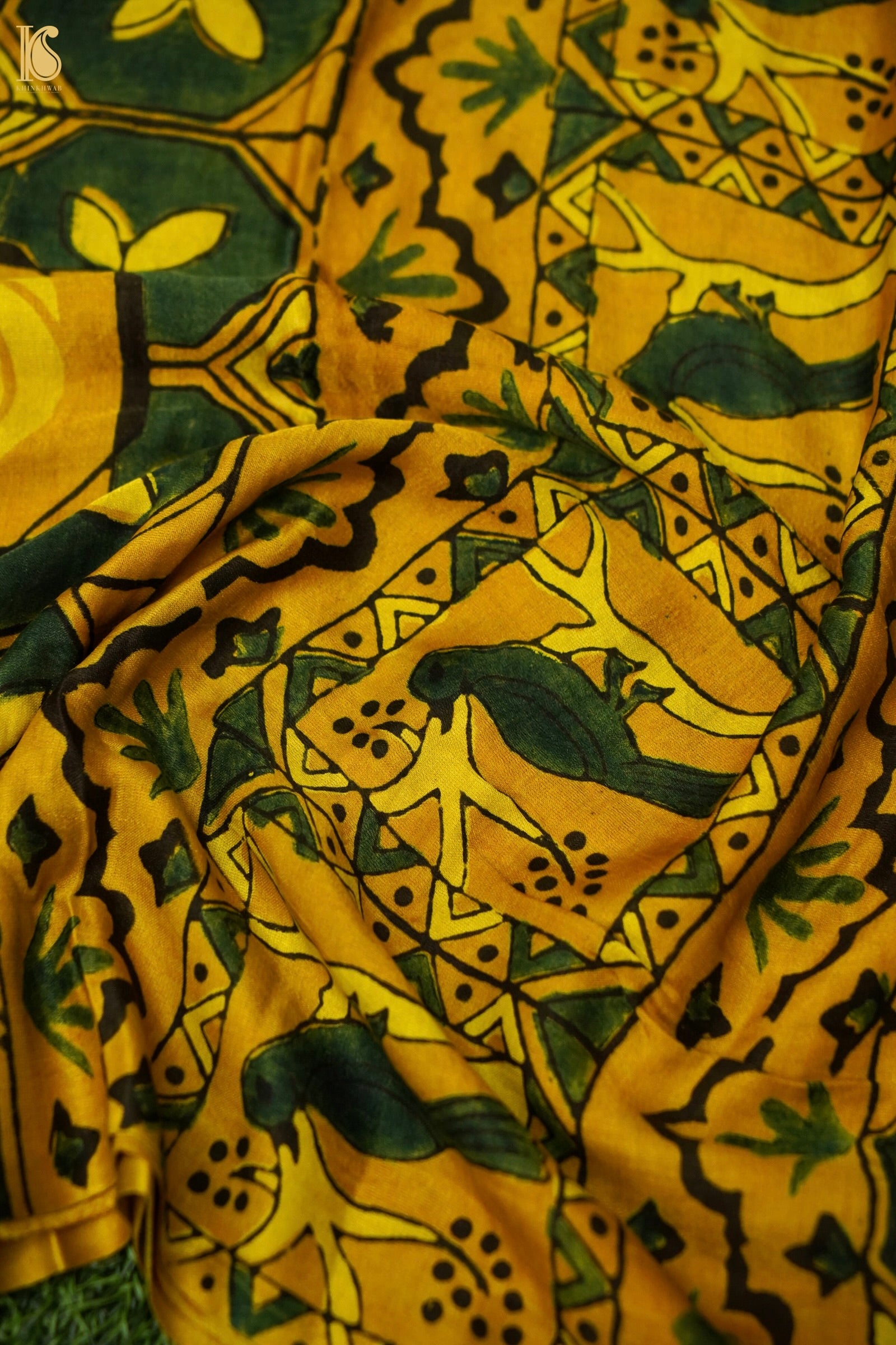 Gajji Silk Ajrakh Hand Block Floral Kalgha Pakshi Saree in Mustard
