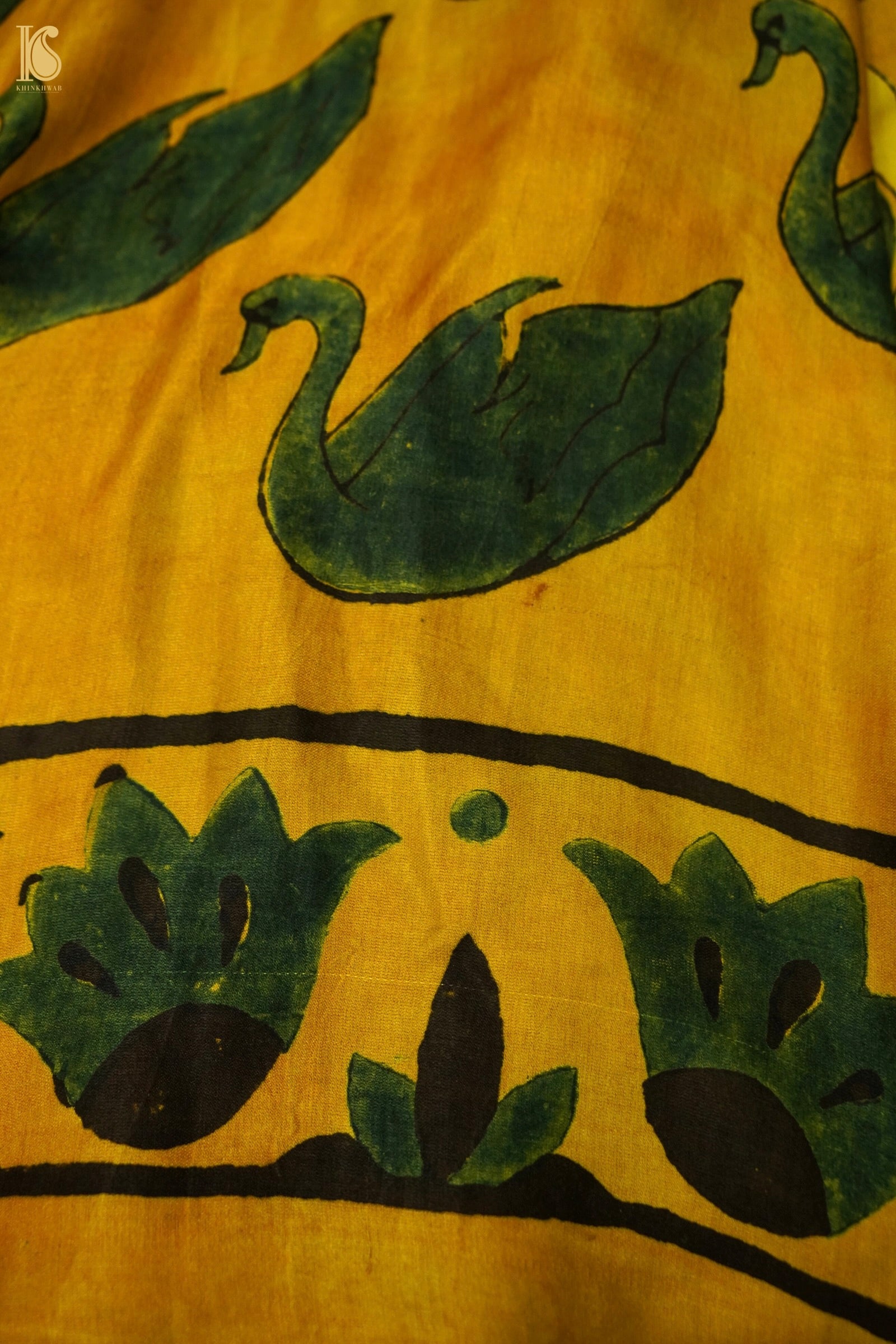 Gajji Silk Ajrakh Hand Block Floral Kalgha Pakshi Saree in Mustard
