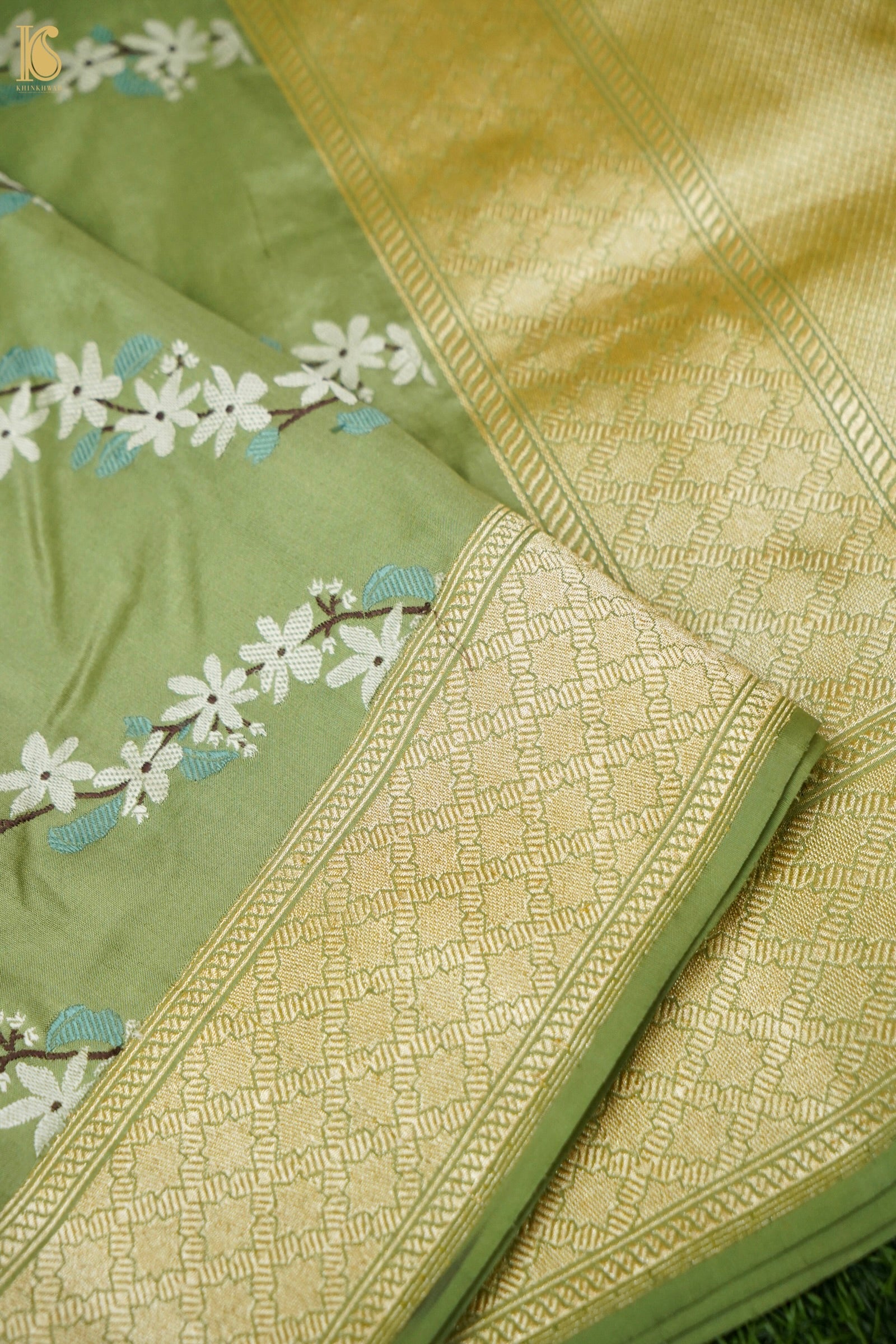 Katan Silk Kadwa Chameli Bel Handwoven Banarasi Saree in Sage Green
