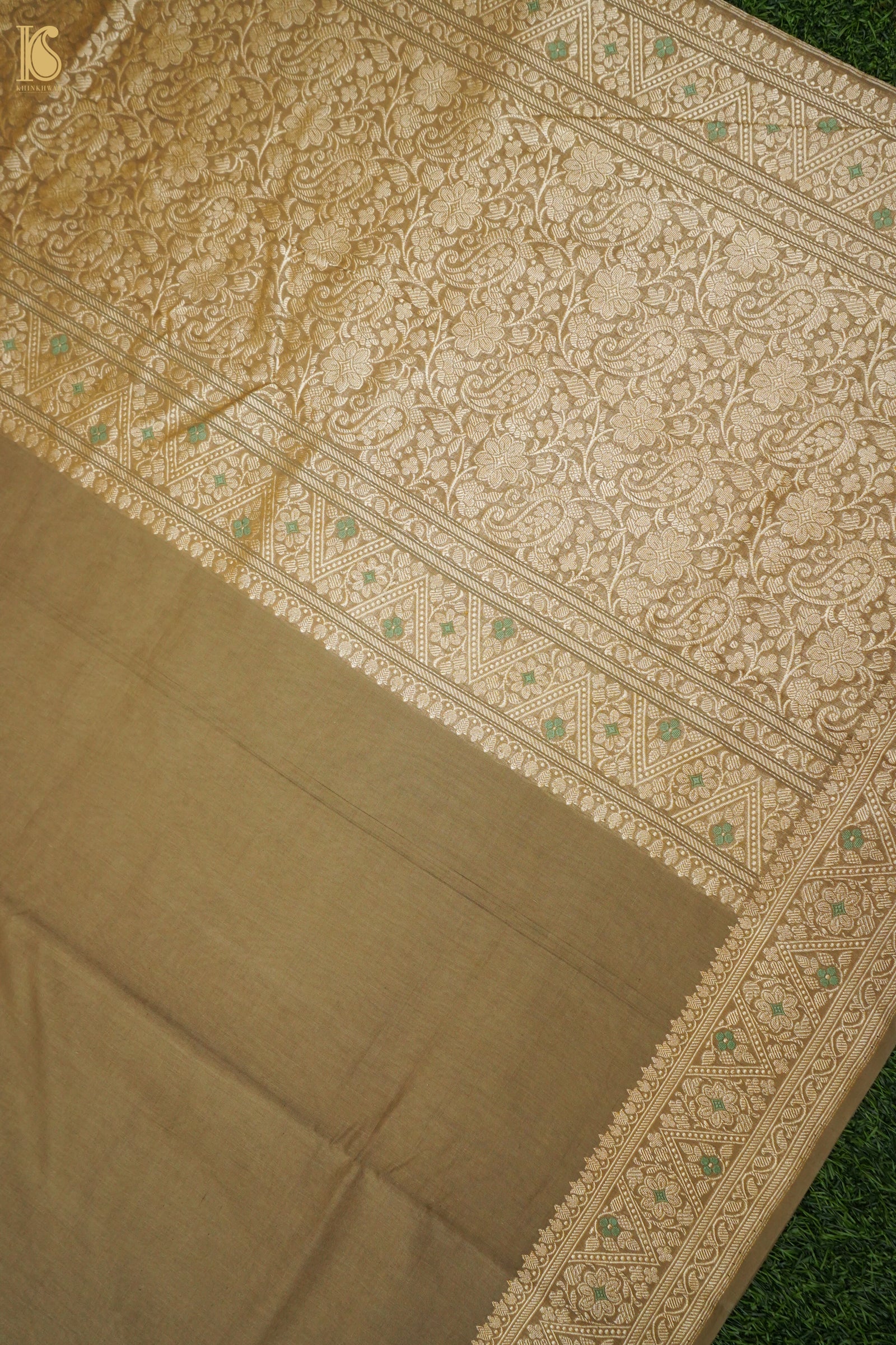 Cotton Kadwa Meenakari Handwoven Banarasi Saree in Khaki Gold