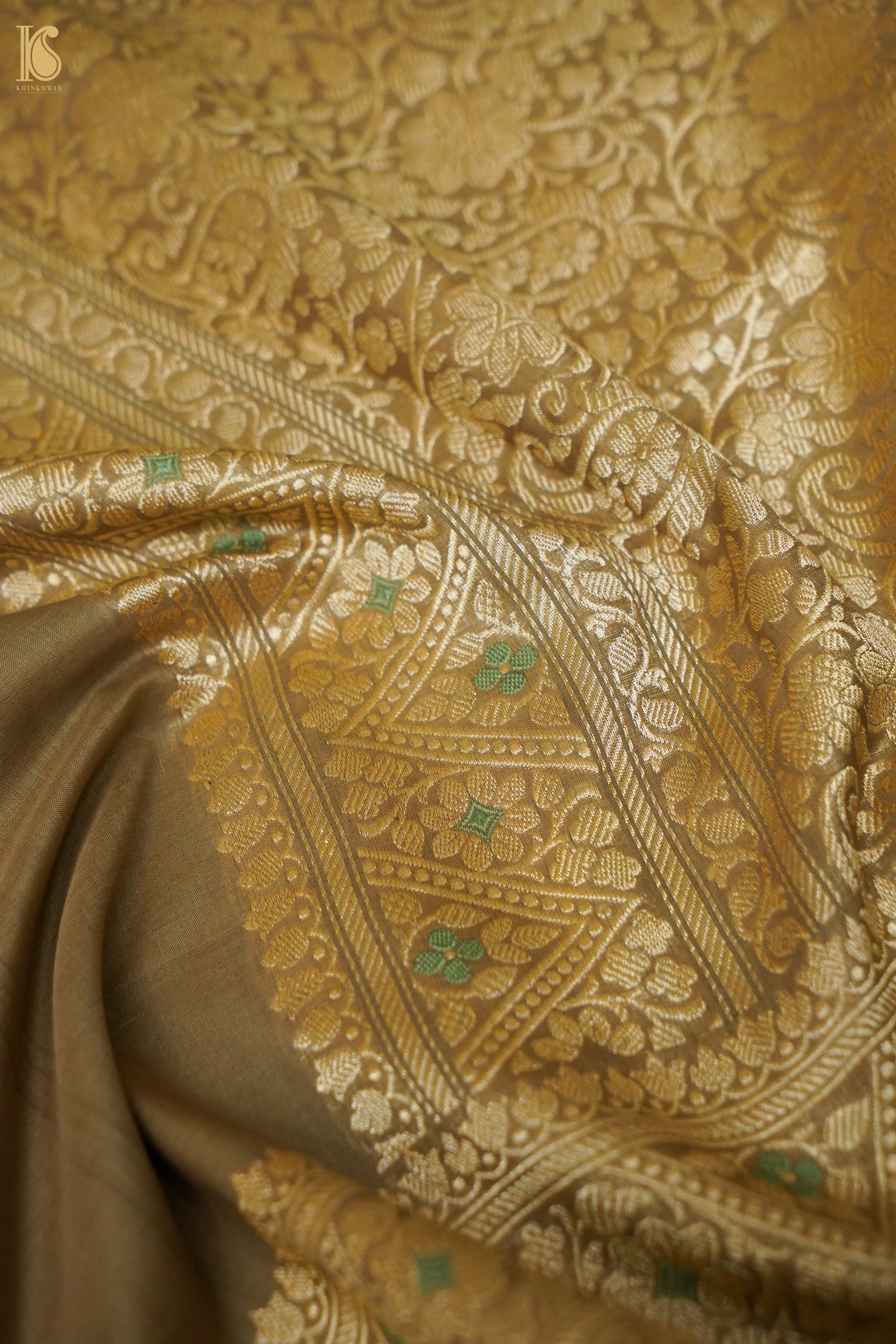 Cotton Kadwa Meenakari Handwoven Banarasi Saree in Khaki Gold