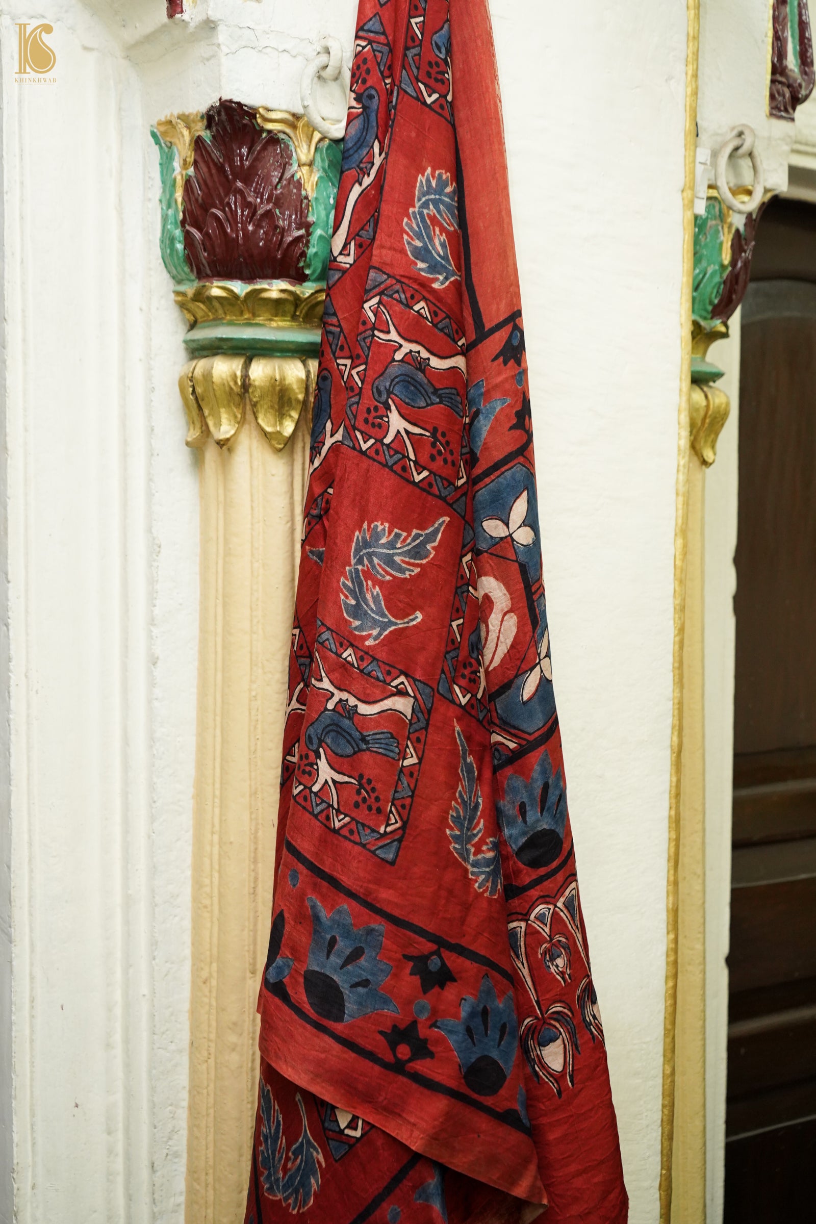 Gajji Silk Ajrakh Hand Block Bird Charkhana Pakshi Dupatta in Rust Red