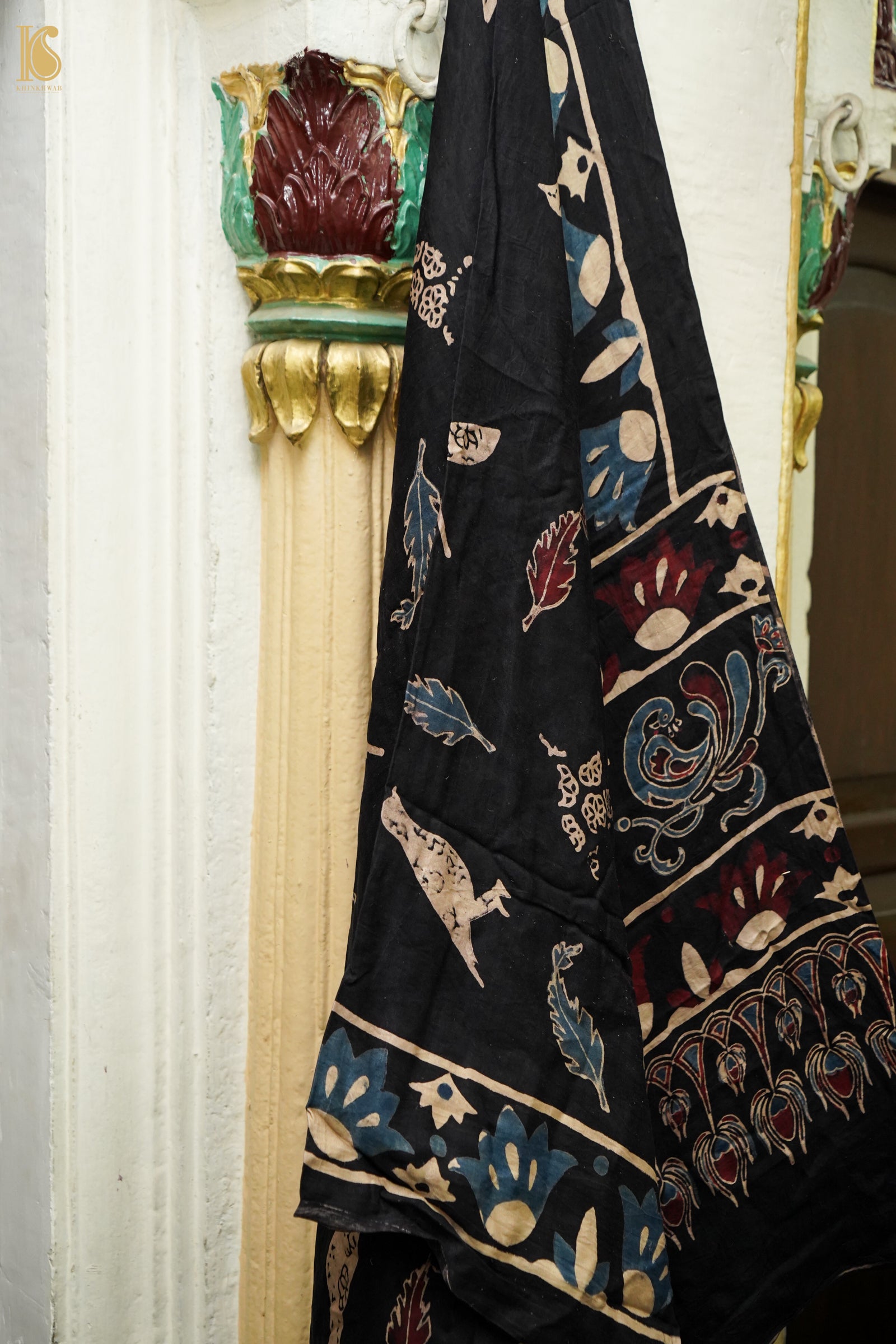 Gajji Silk Ajrakh Hand Block Bird Feather Pakshi Dupatta in Black