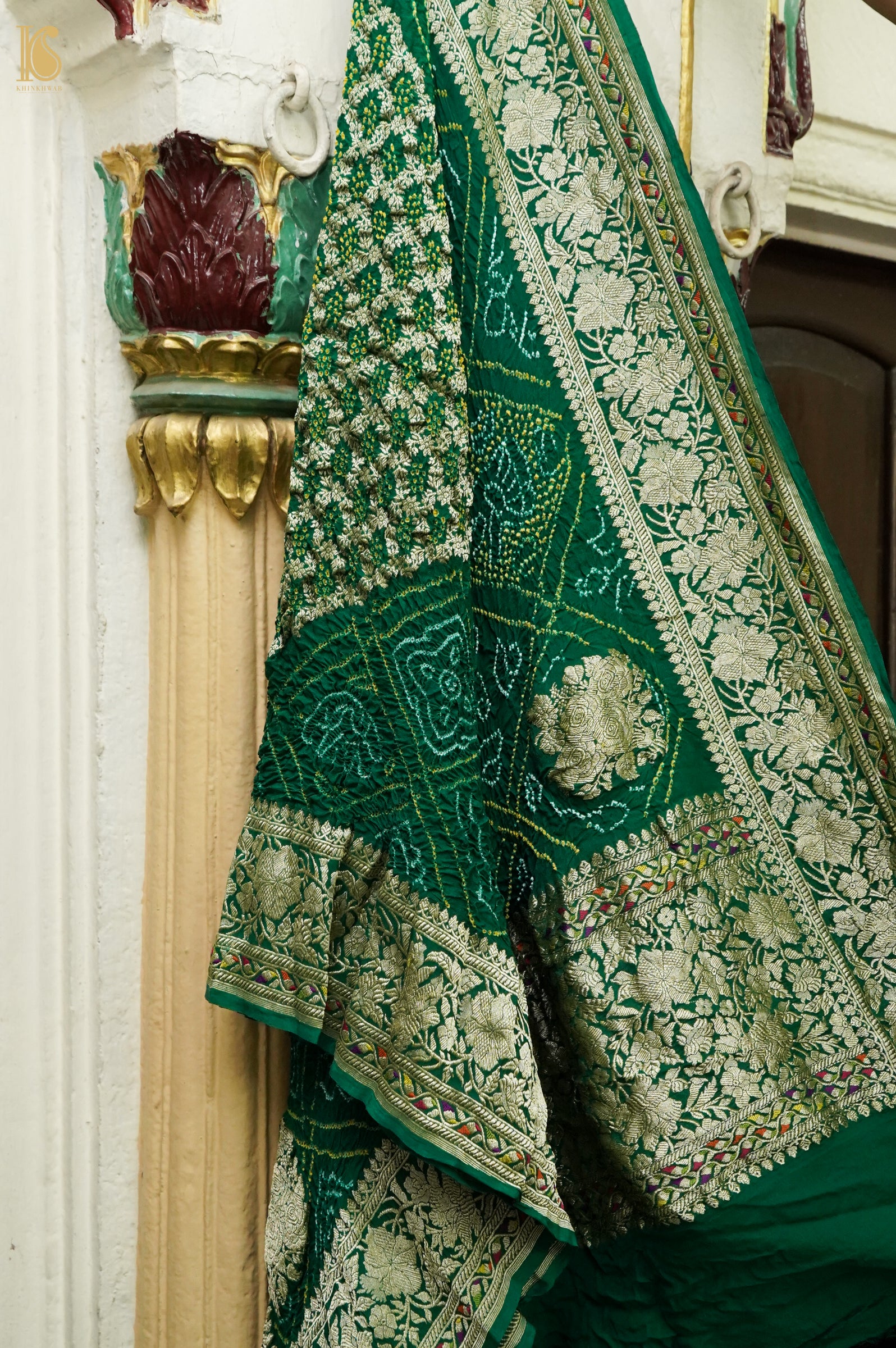Georgette Banarasi Bandhani Diamond Jaal Dupatta in Bottle Green