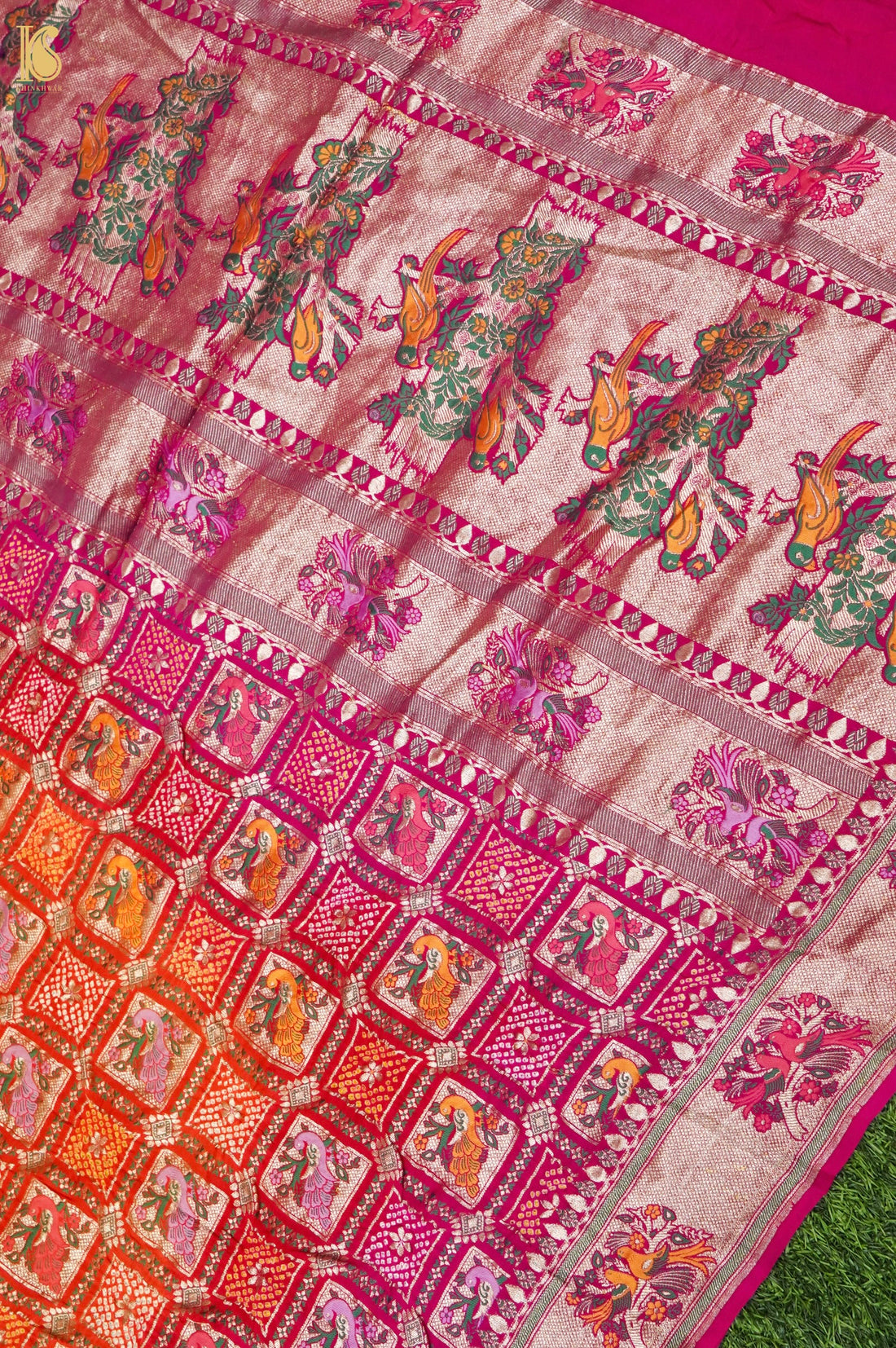 Georgette Banarasi Bandhani Bird Dupatta in Orange Magenta