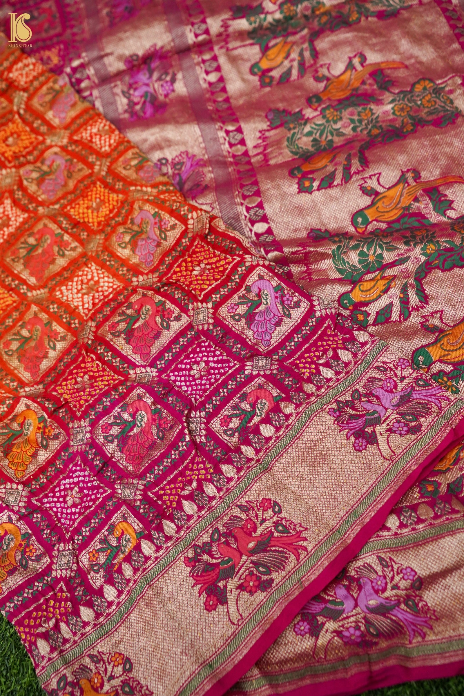 Georgette Banarasi Bandhani Bird Dupatta in Orange Magenta